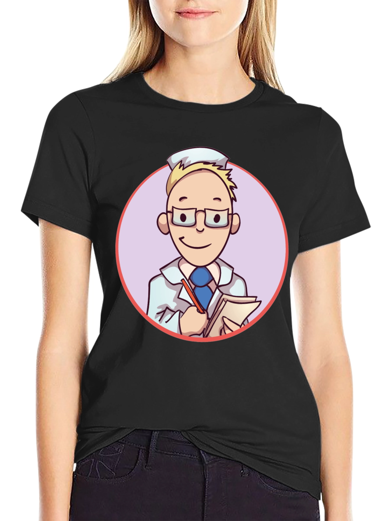 Cartoon Doctor Graphic Tee - Unisex Black T-Shirt