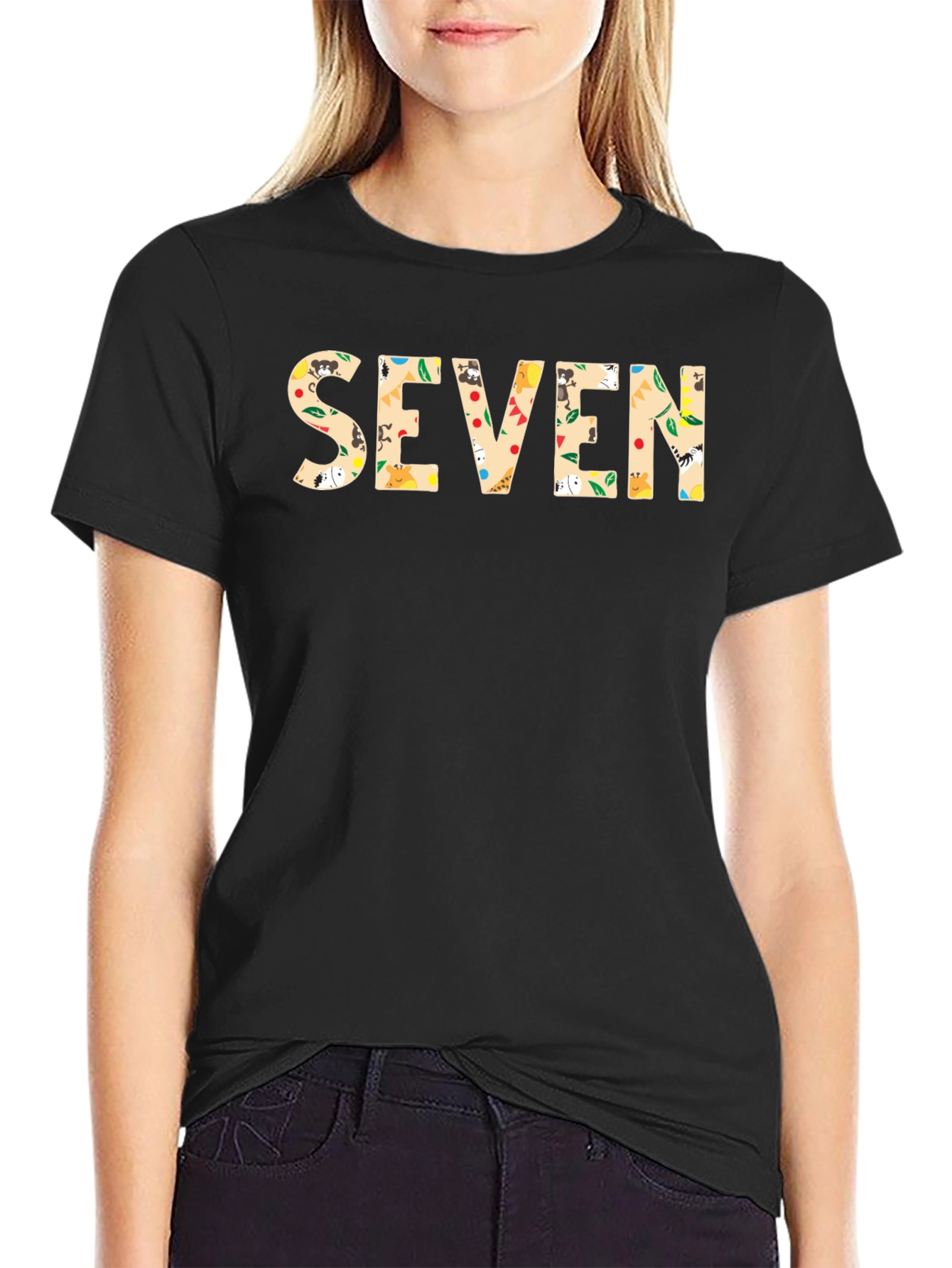 Seven Print Black Cotton T-Shirt