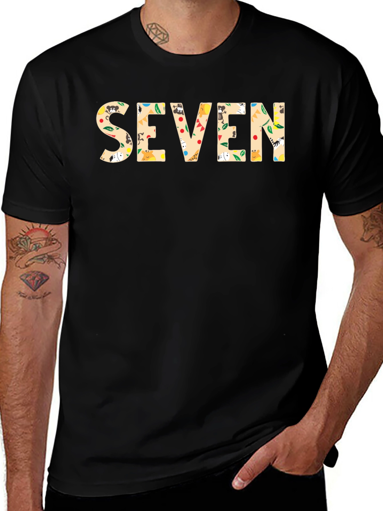 Seven Print Black Cotton T-Shirt