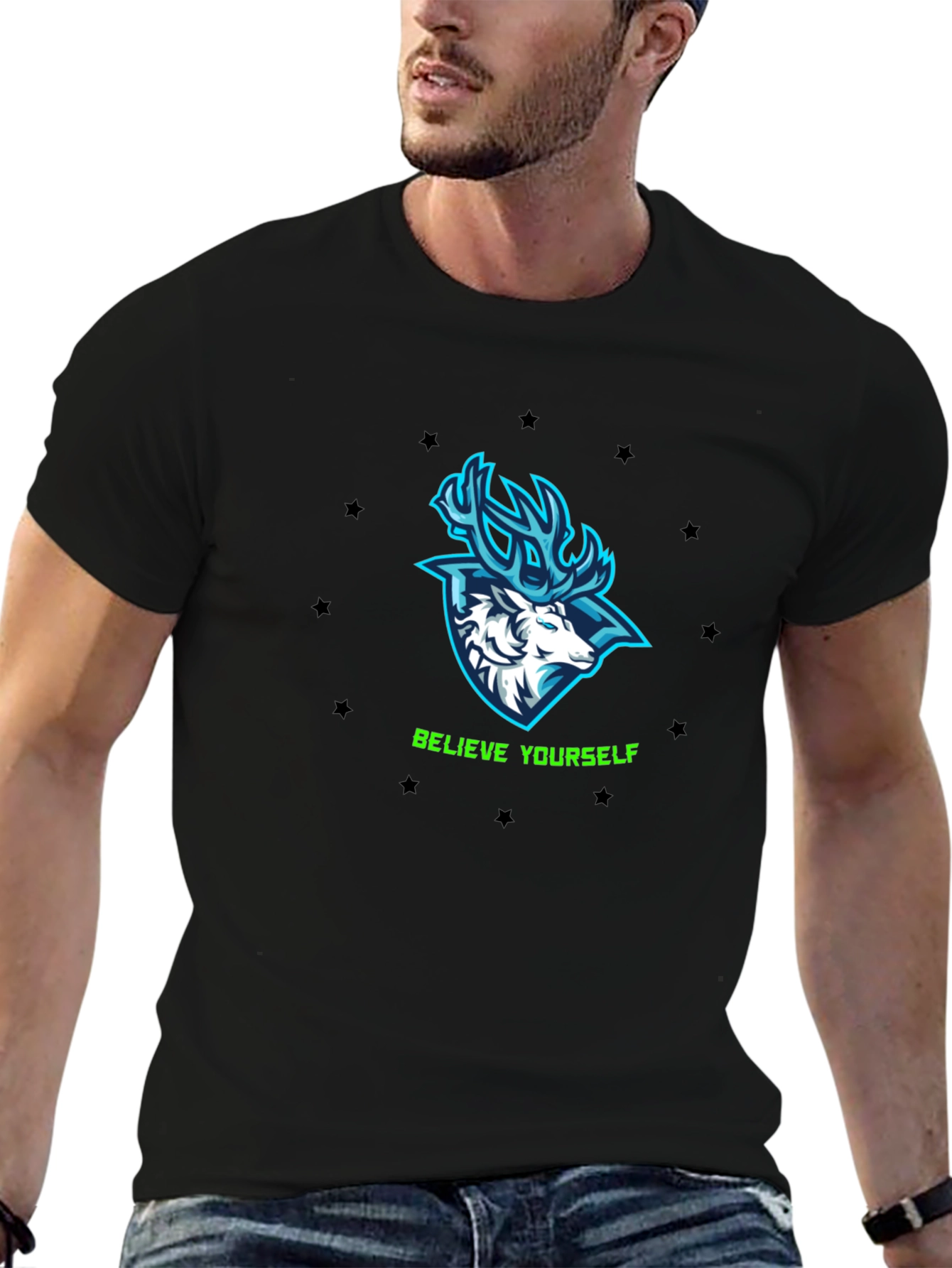 Believe Yourself Deer Graphic Black T-Shirt