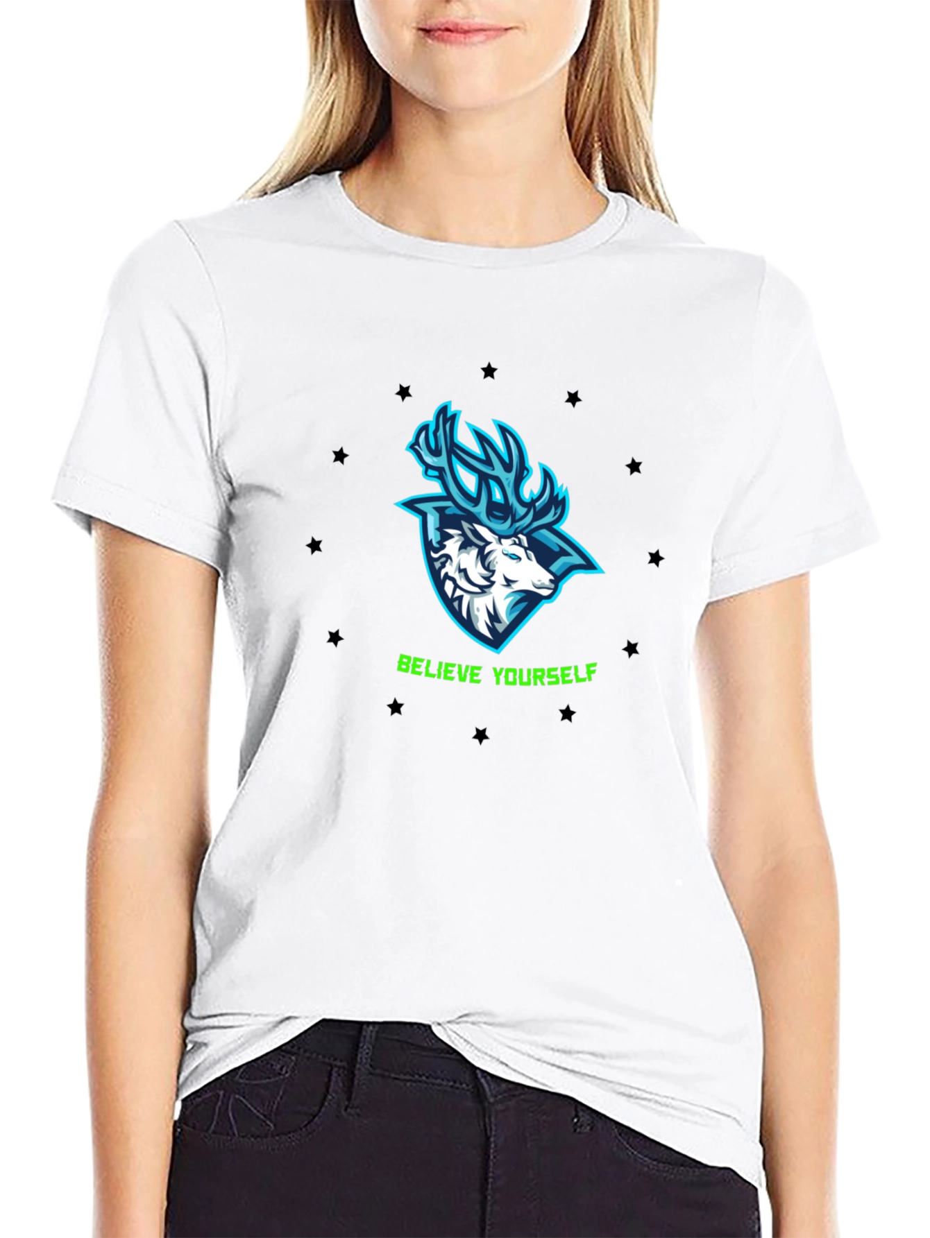 Believe Yourself Deer Graphic Black T-Shirt
