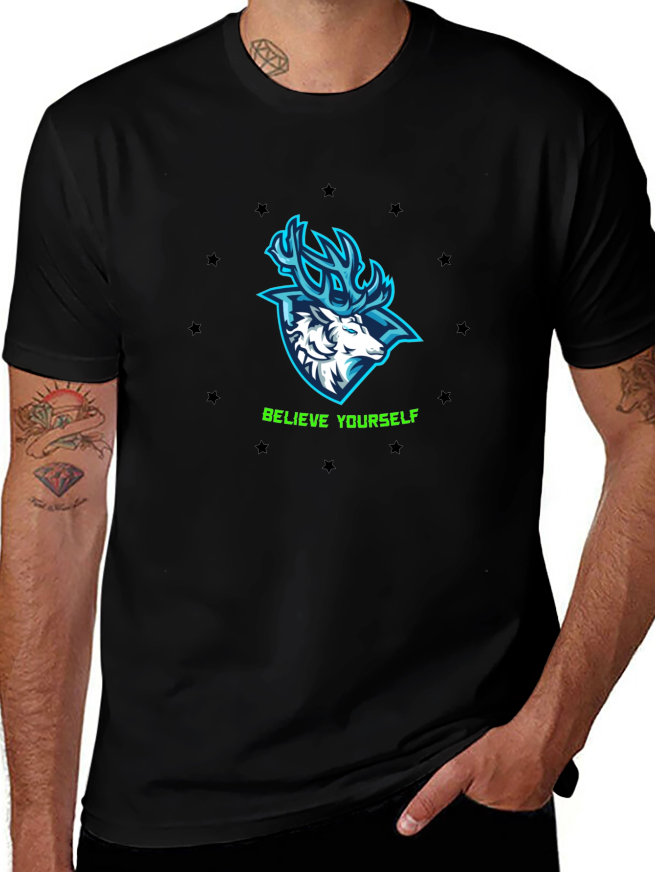 Believe Yourself Deer Graphic Black T-Shirt