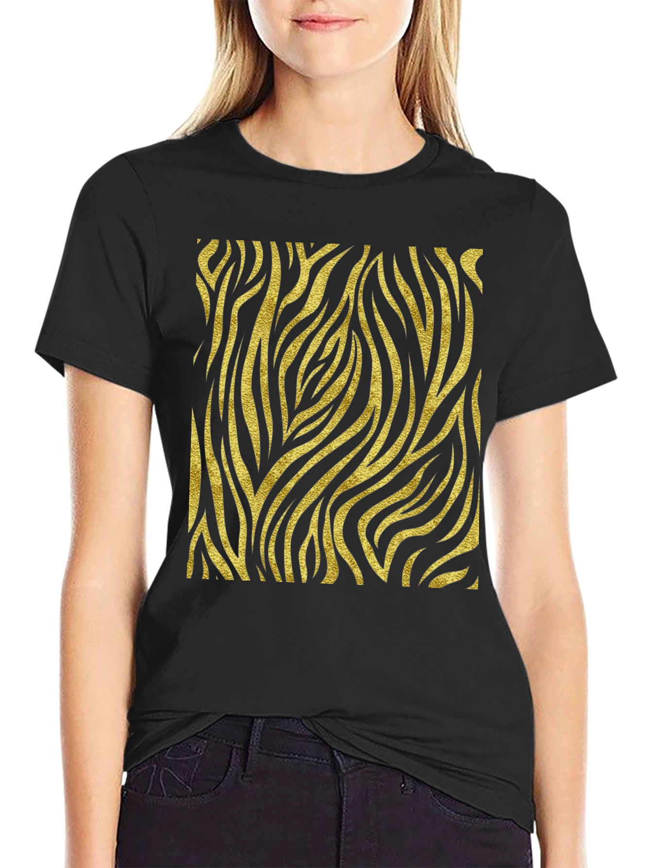 Mens Black T-Shirt with Gold Zebra Print