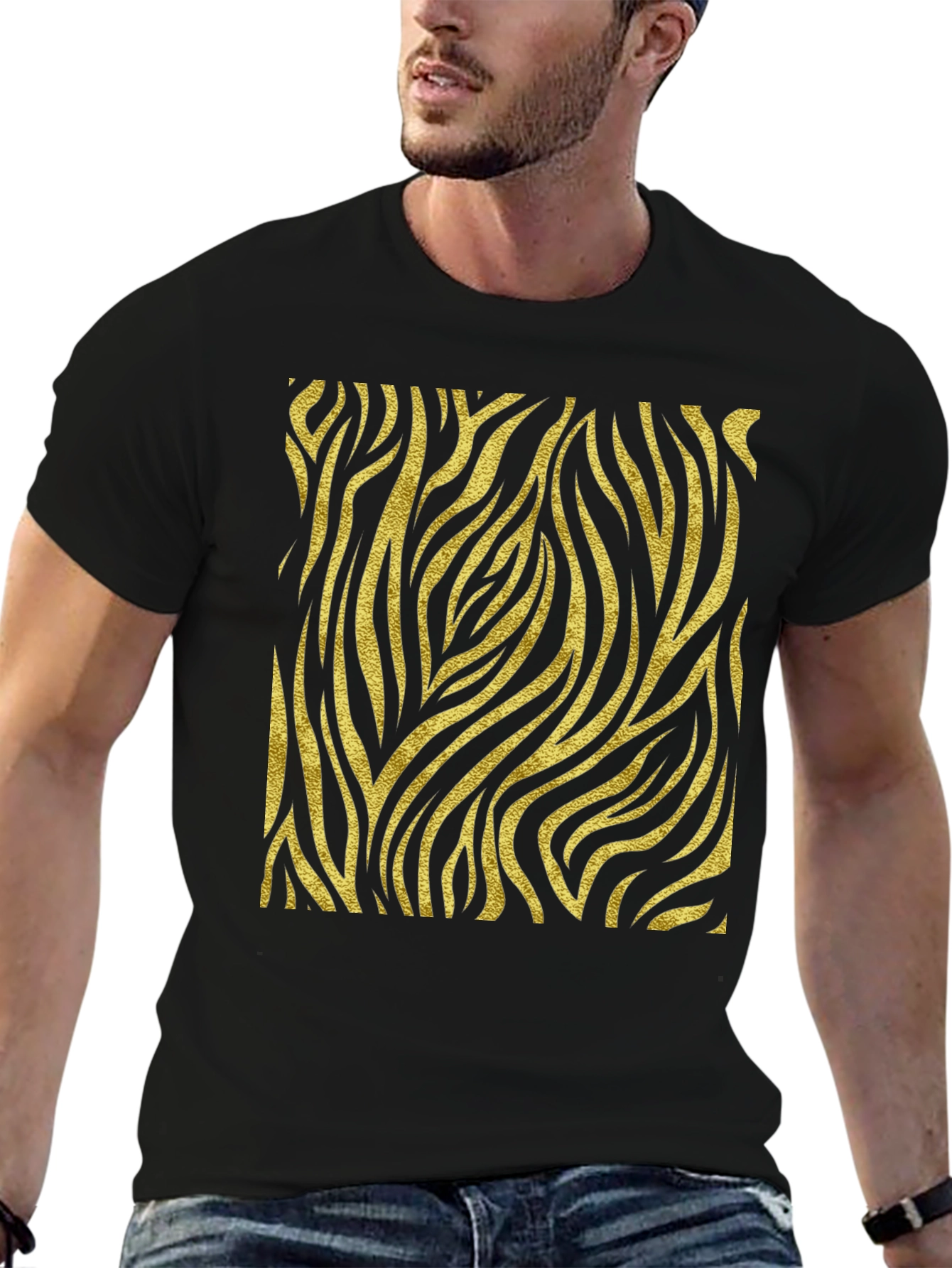 Mens Black T-Shirt with Gold Zebra Print