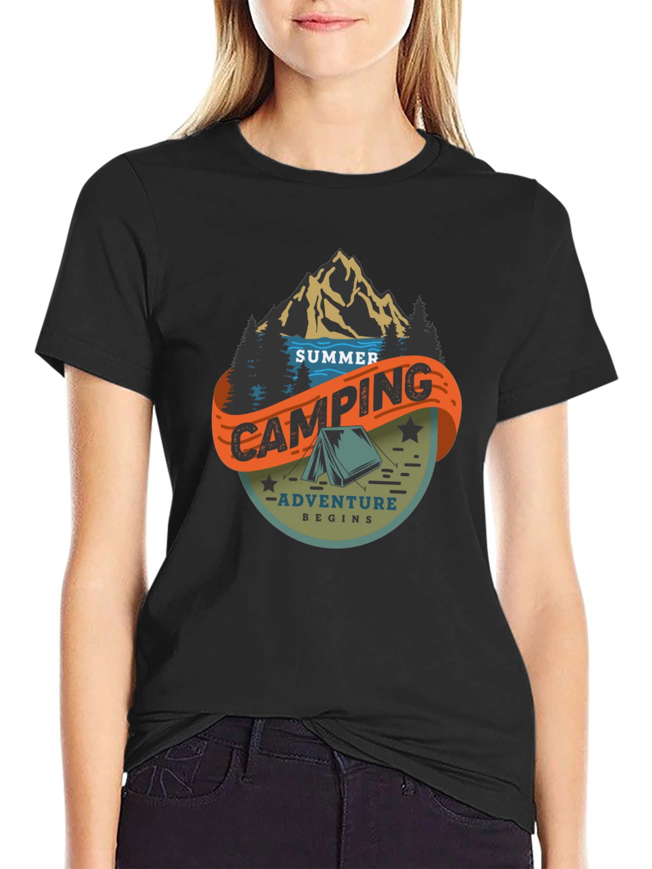 Summer Camping Adventure Black Graphic Tee