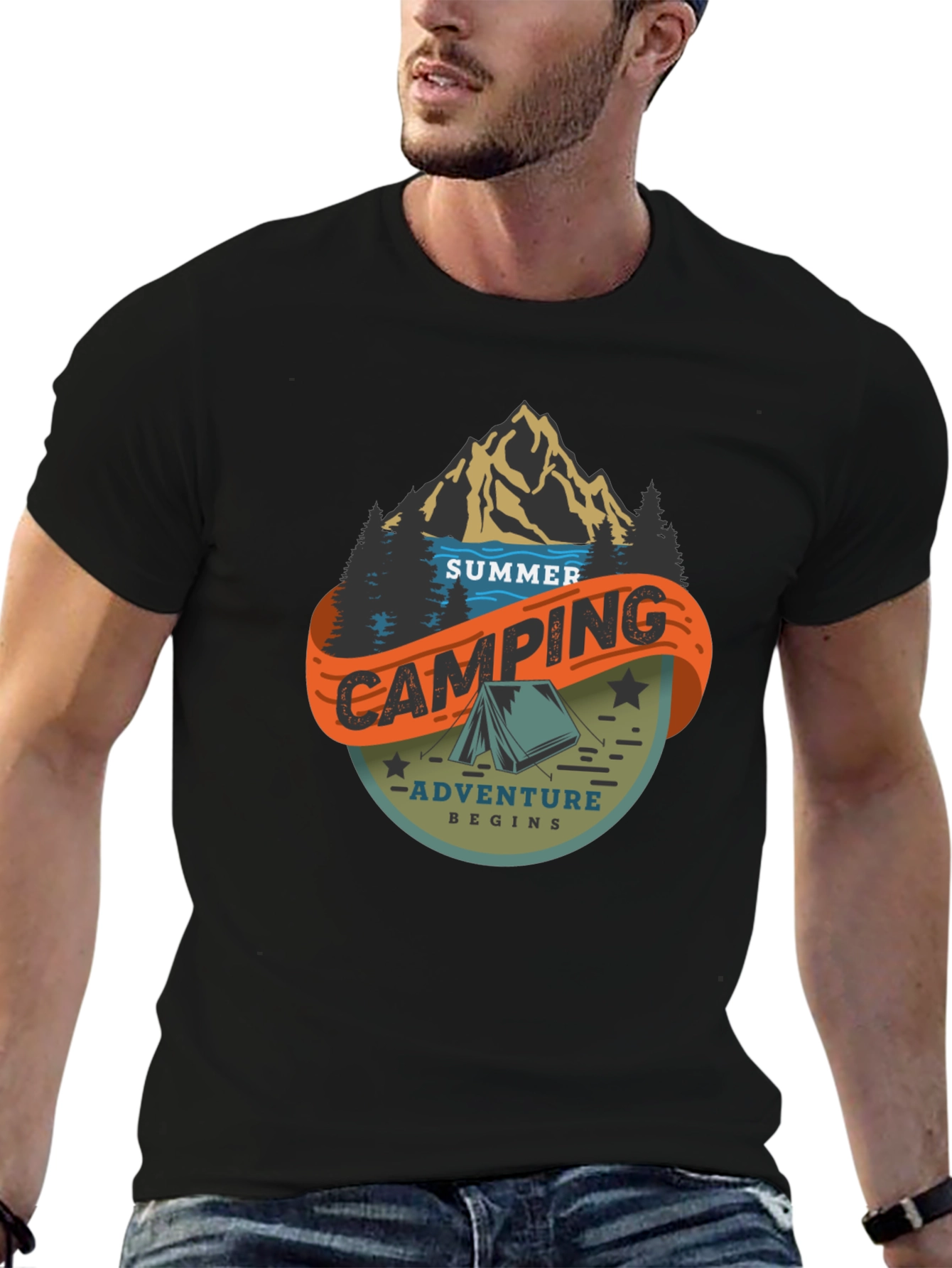 Summer Camping Adventure Black Graphic Tee