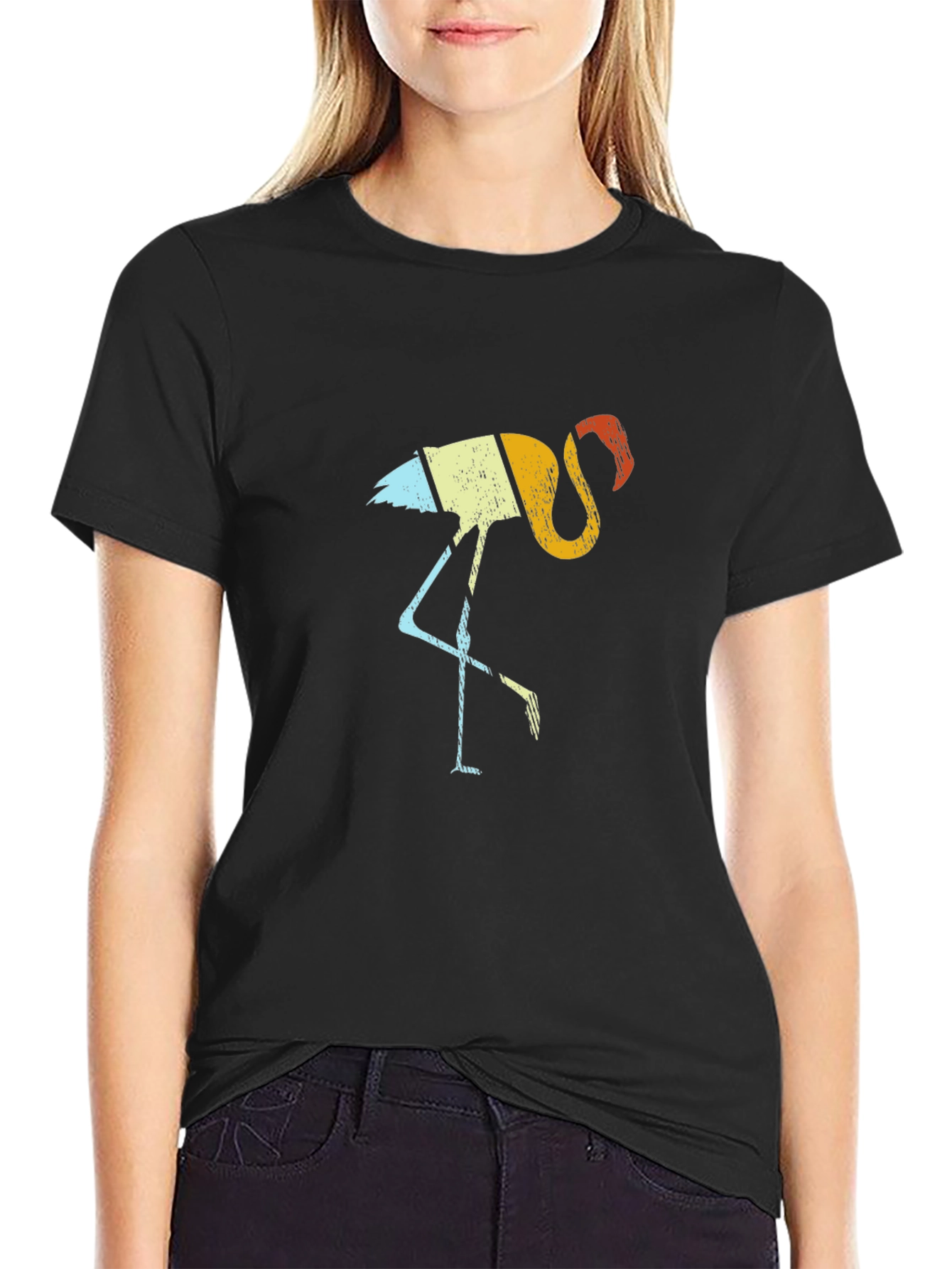 Retro Flamingo Graphic Tee - Black Cotton Shirt