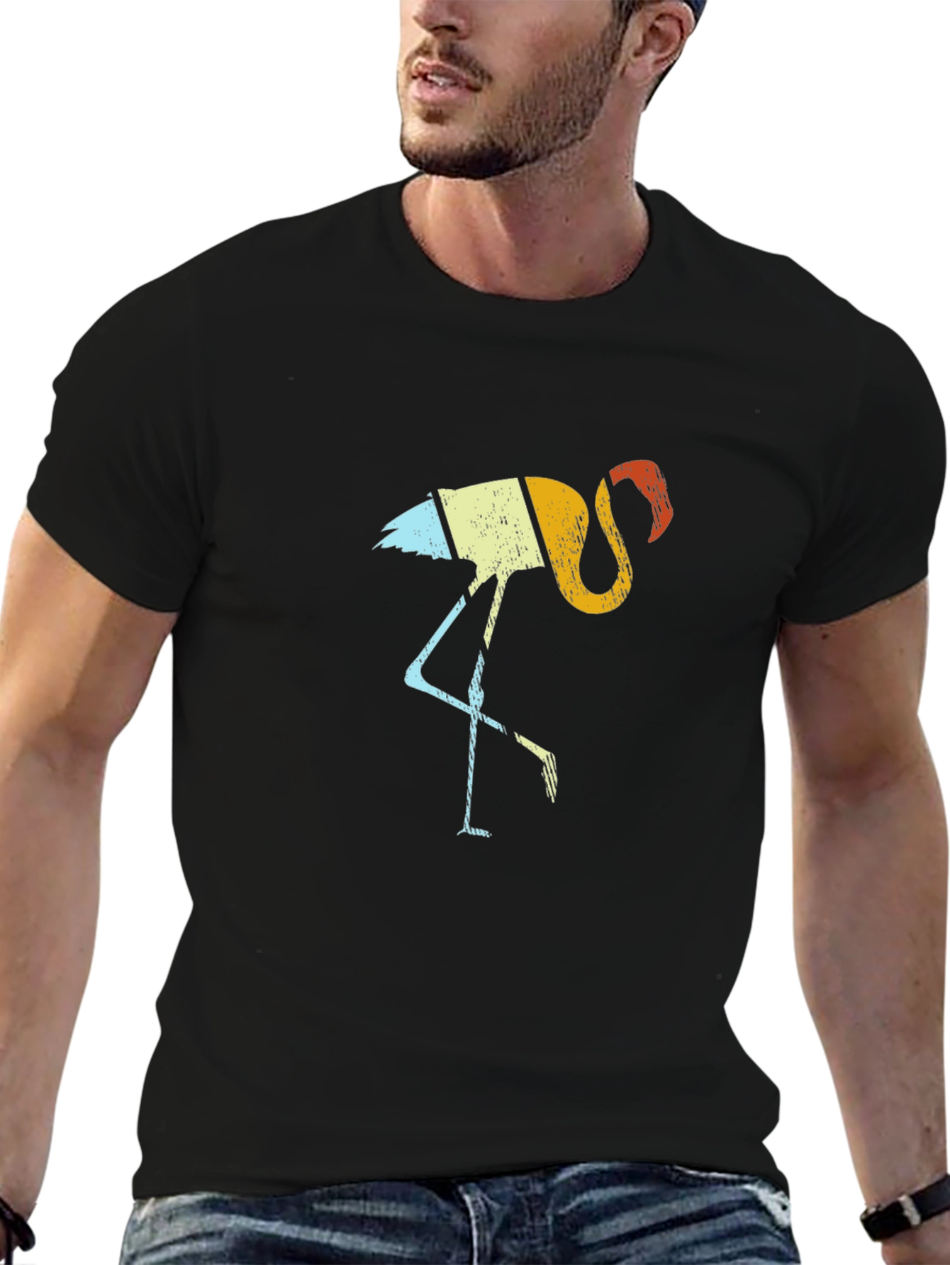 Retro Flamingo Graphic Tee - Black Cotton Shirt