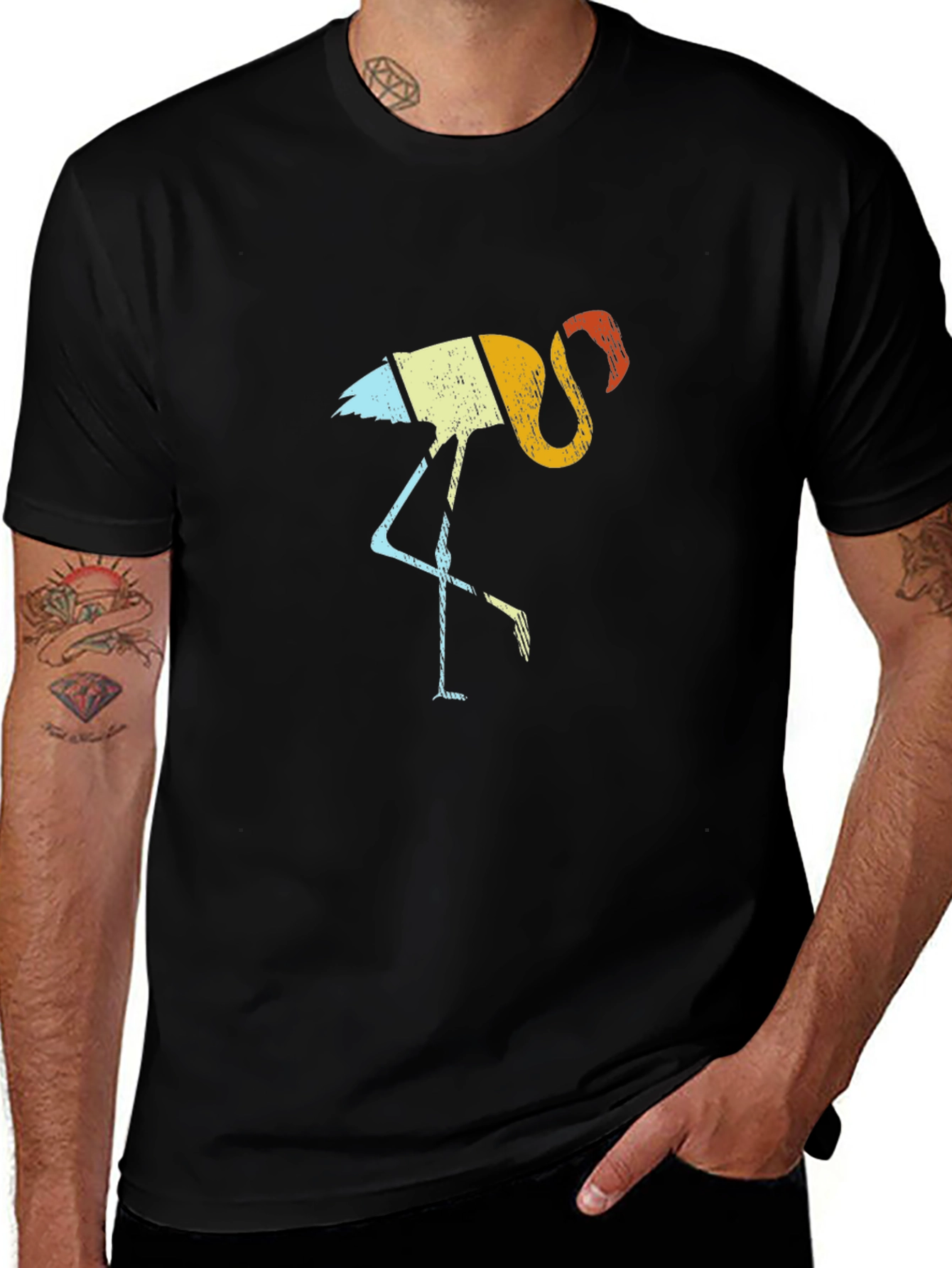 Retro Flamingo Graphic Tee - Black Cotton Shirt