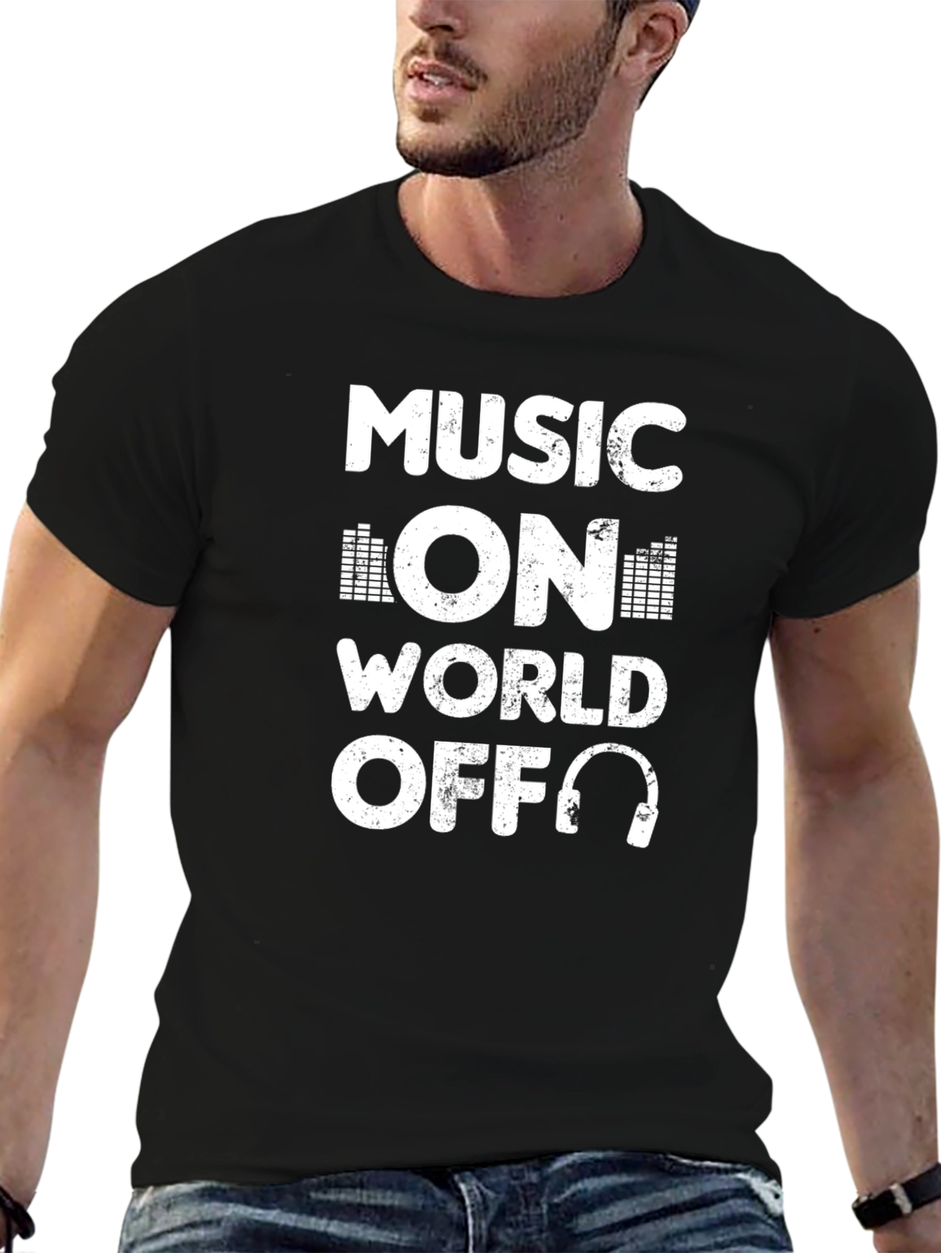Music On World Off Black Graphic Tee