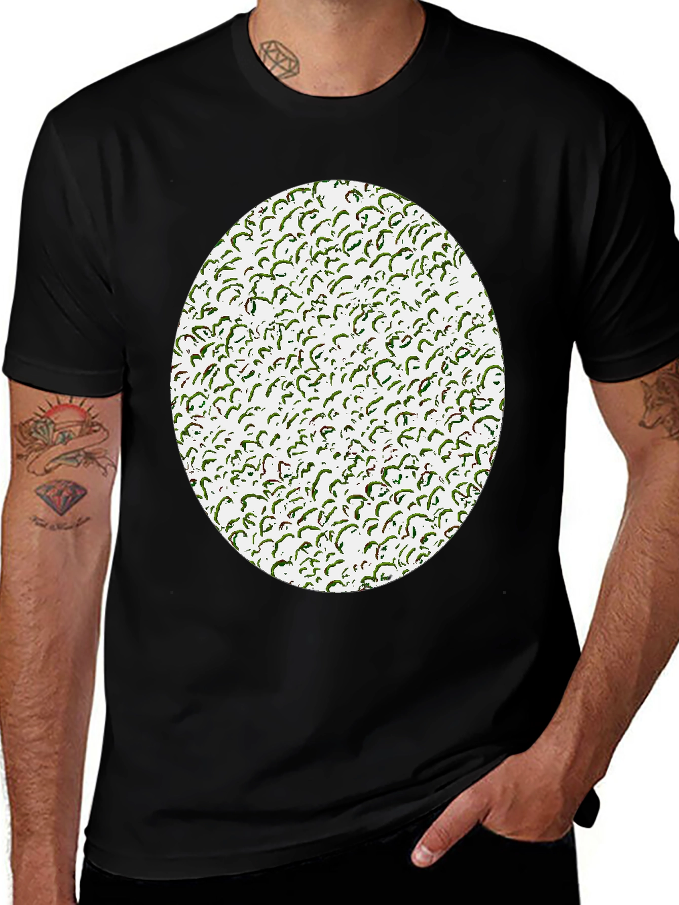 Novelty Green Pattern Print Black T-Shirt