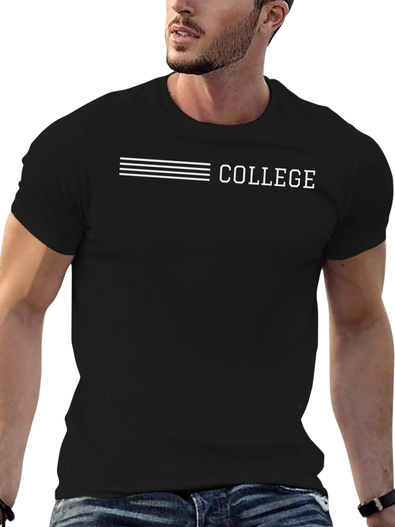 College Graphic Print Black T-Shirt