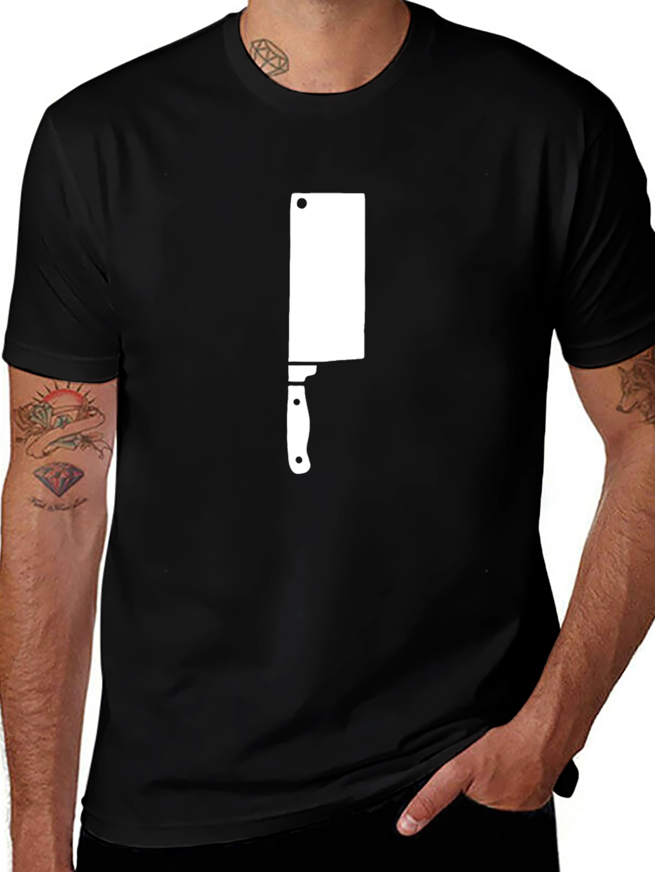 Black T-Shirt with White Meat Cleaver Graphic Print