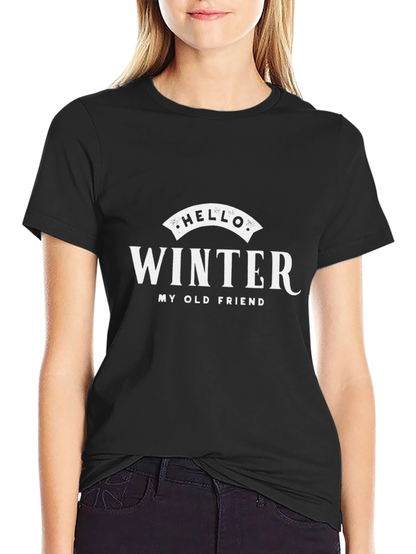 Hello Winter Graphic Tee - Soft Black Cotton Blend