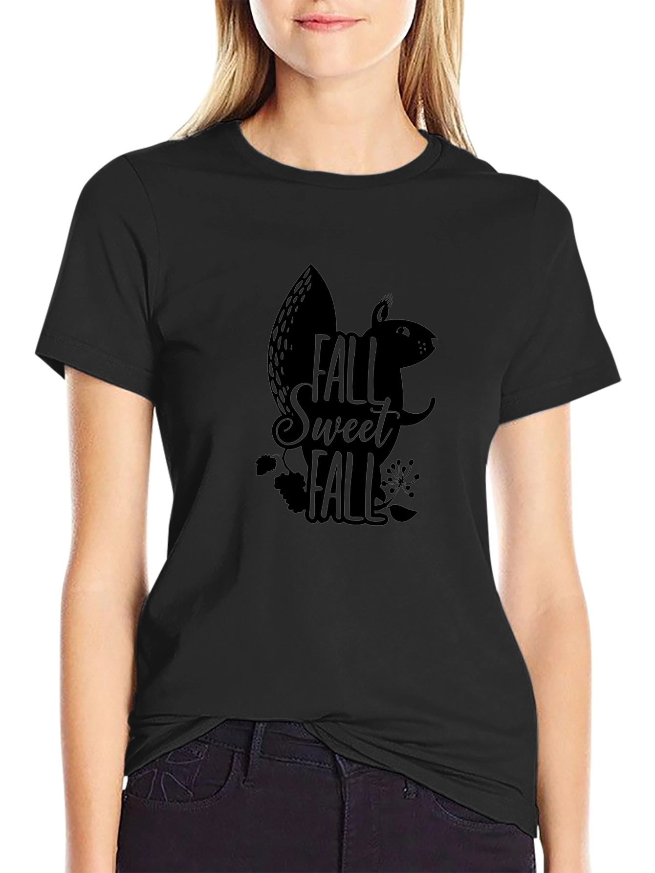 Fall Sweet Fall Squirrel Graphic Tee - Black