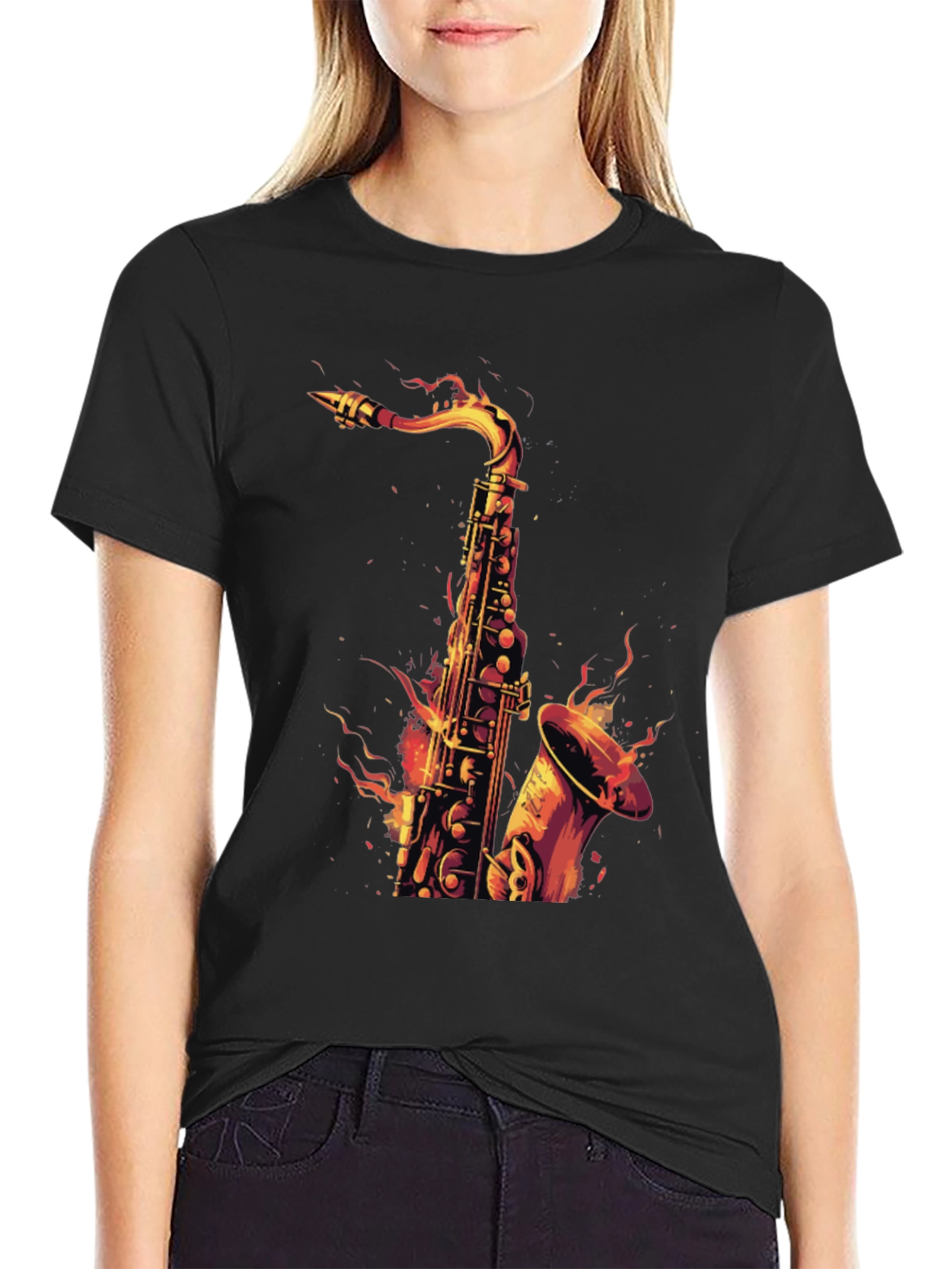 Fiery Saxophone Graphic Tee - Black