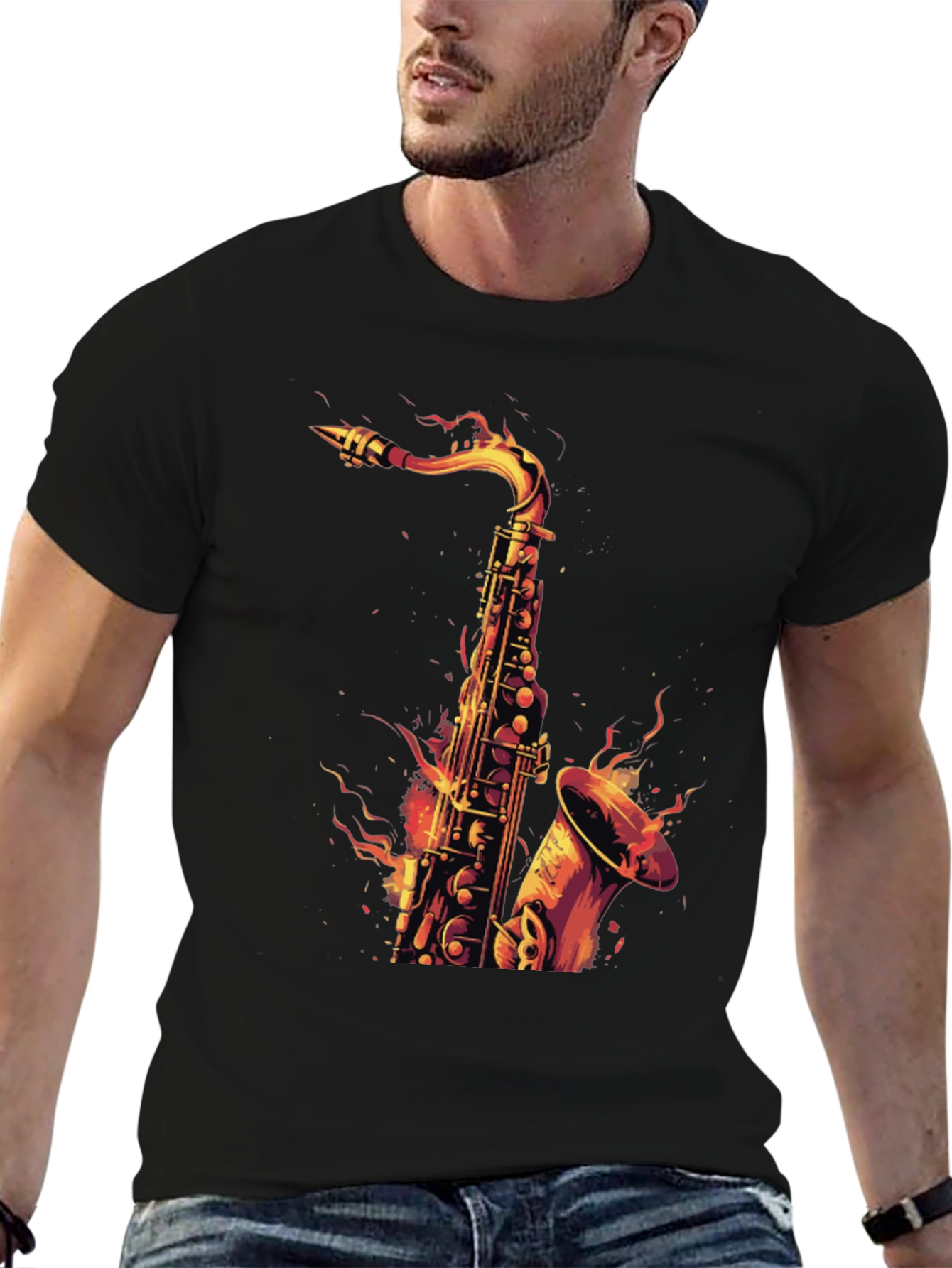 Fiery Saxophone Graphic Tee - Black