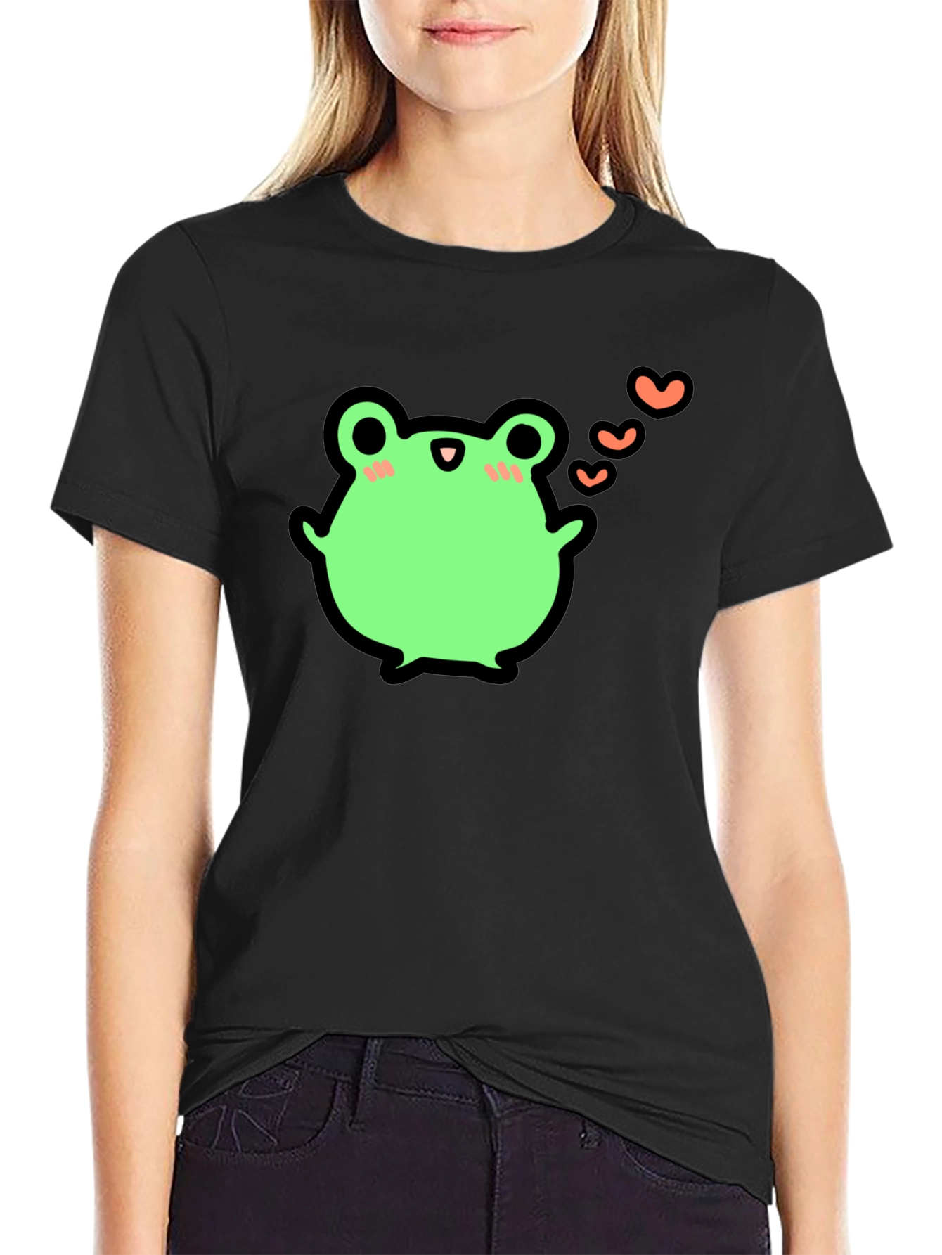 Cute Frog With Hearts Graphic Black T-Shirt