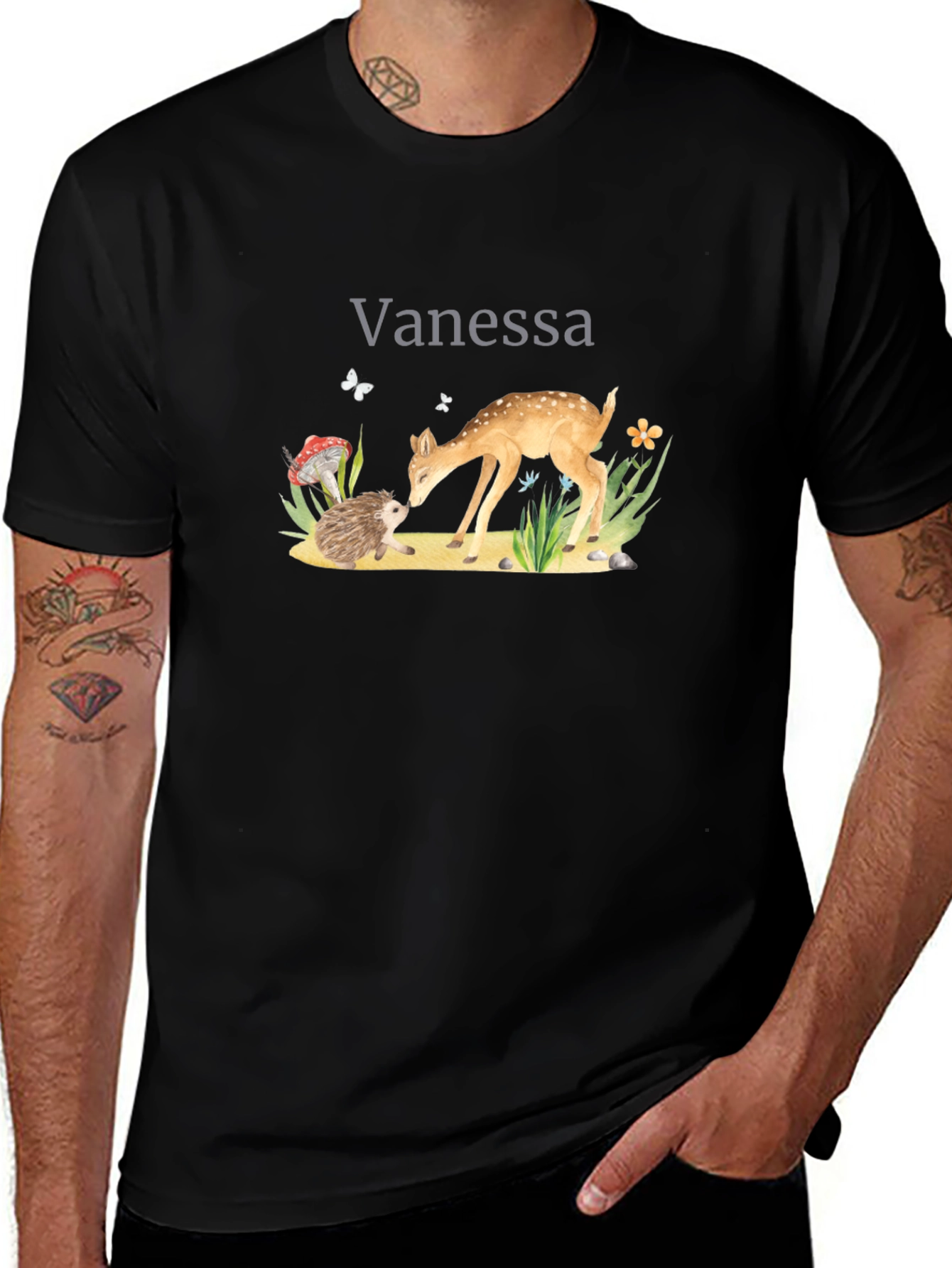 Vanessas Woodland Friends Black T-Shirt