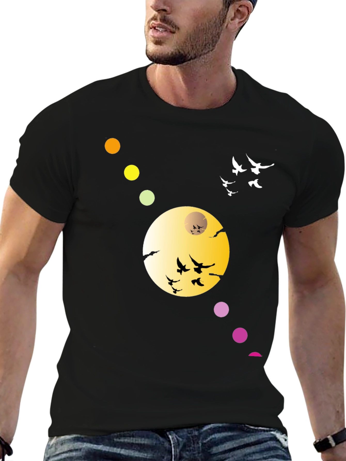 Black T-Shirt with Abstract Moon & Birds Design