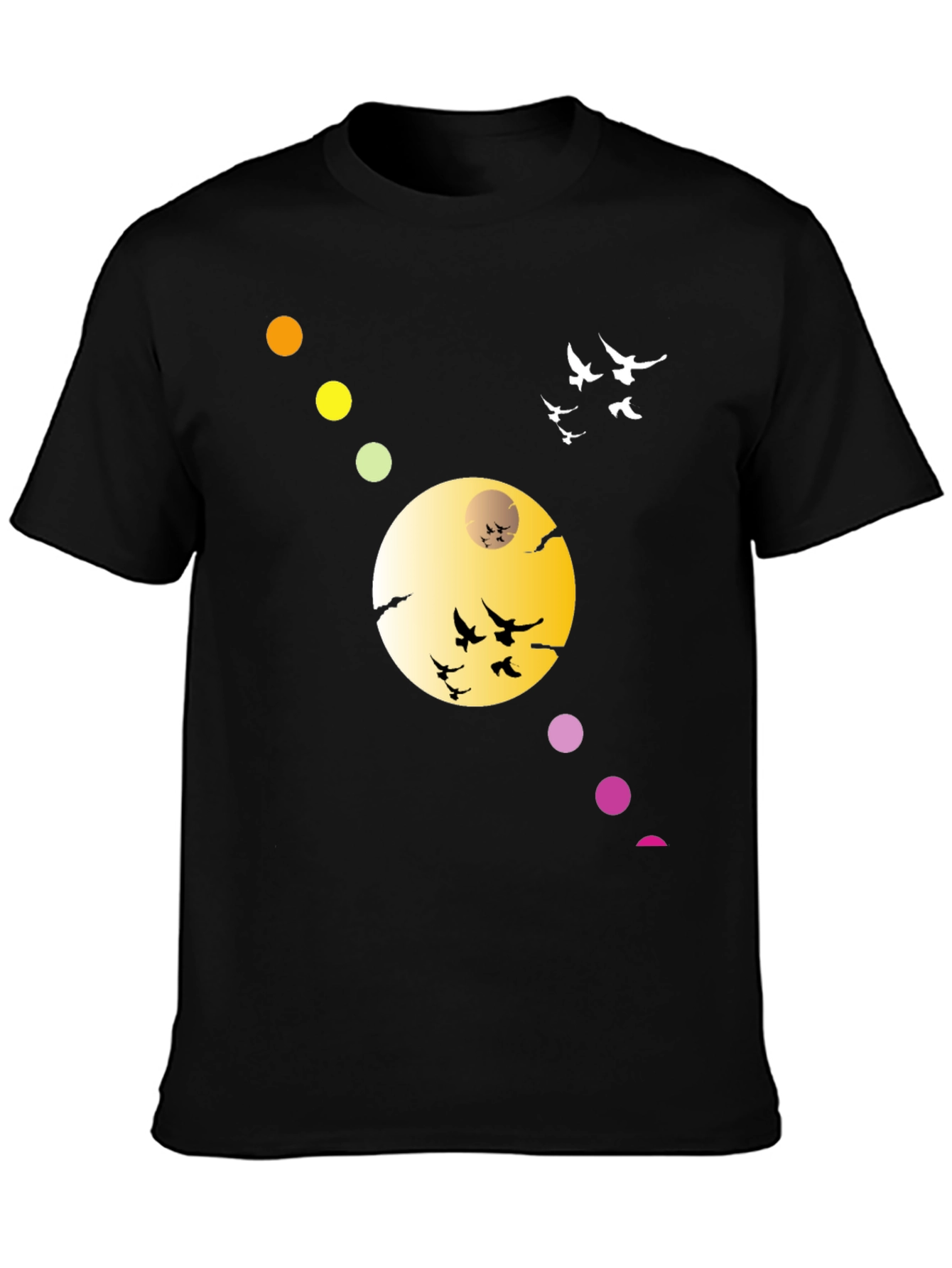 Black T-Shirt with Abstract Moon & Birds Design