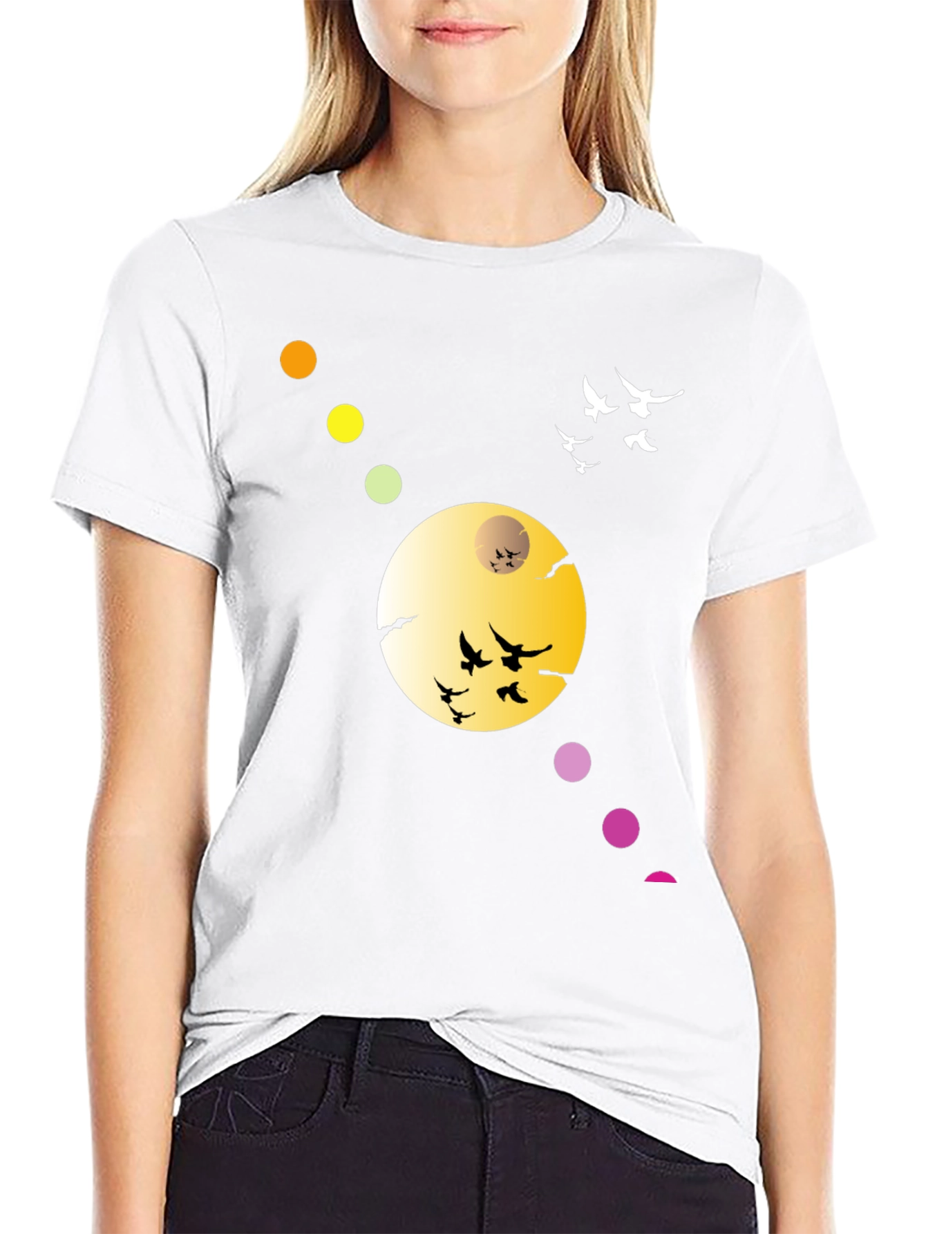 Black T-Shirt with Abstract Moon & Birds Design