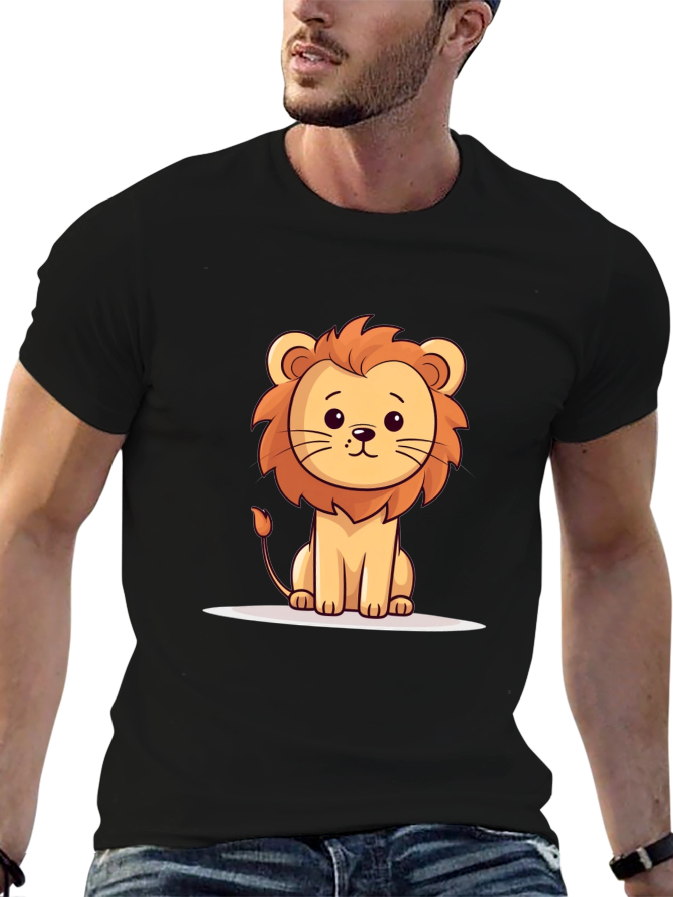 Cute Cartoon Lion Black T-Shirt