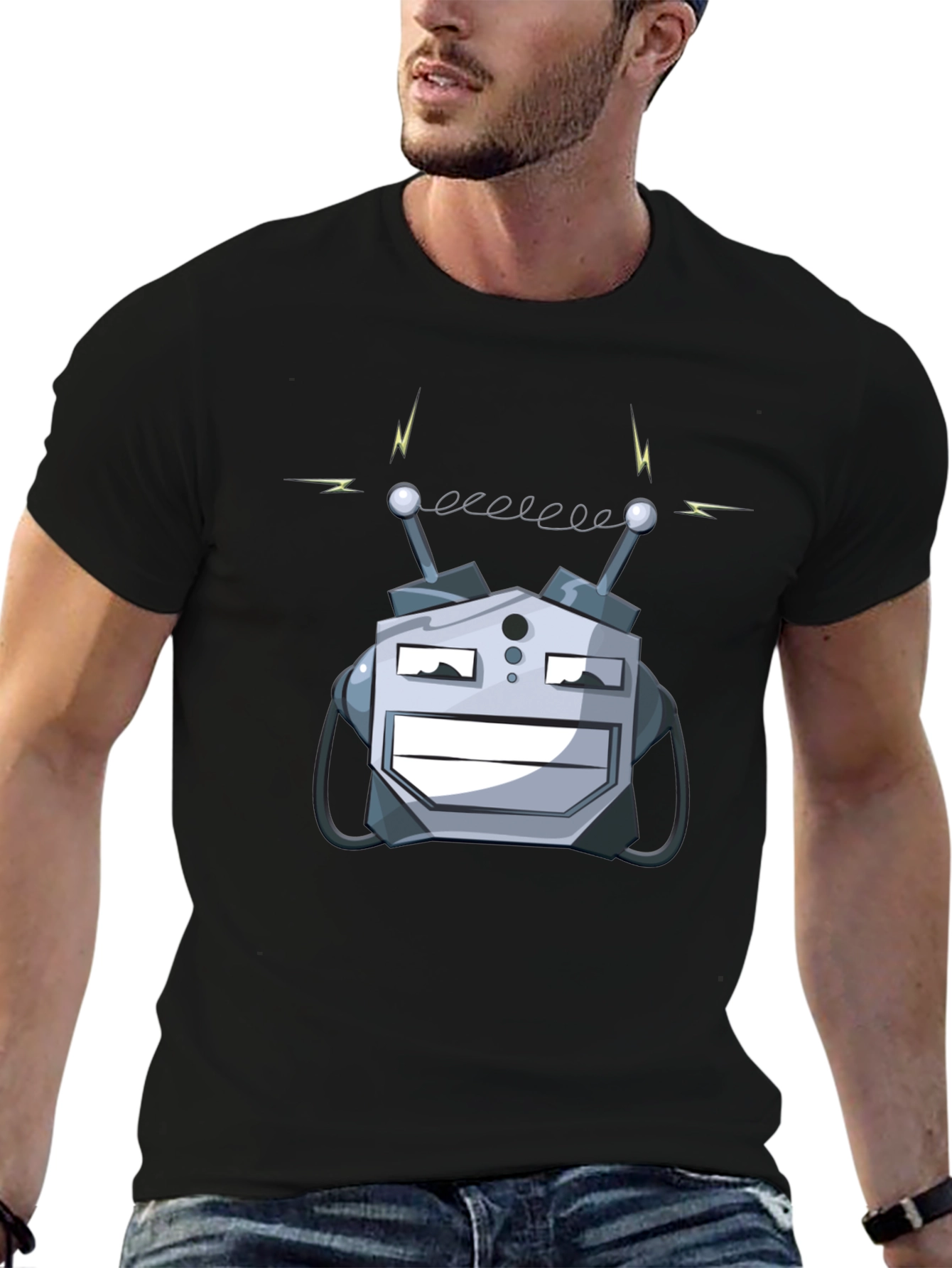 Robot Head Graphic Print Black T-Shirt
