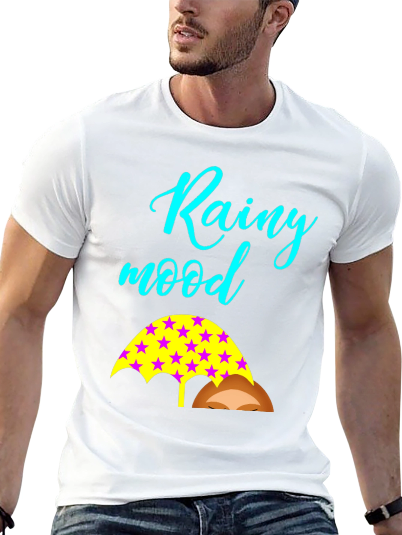 Rainy Mood Black T-Shirt with Umbrella Design
