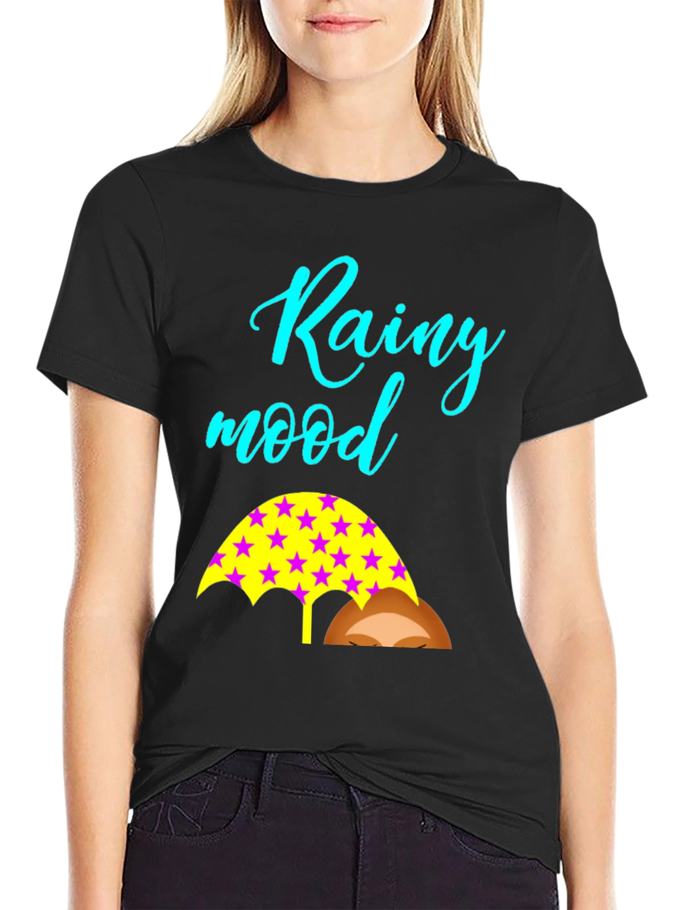 Rainy Mood Black T-Shirt with Umbrella Design