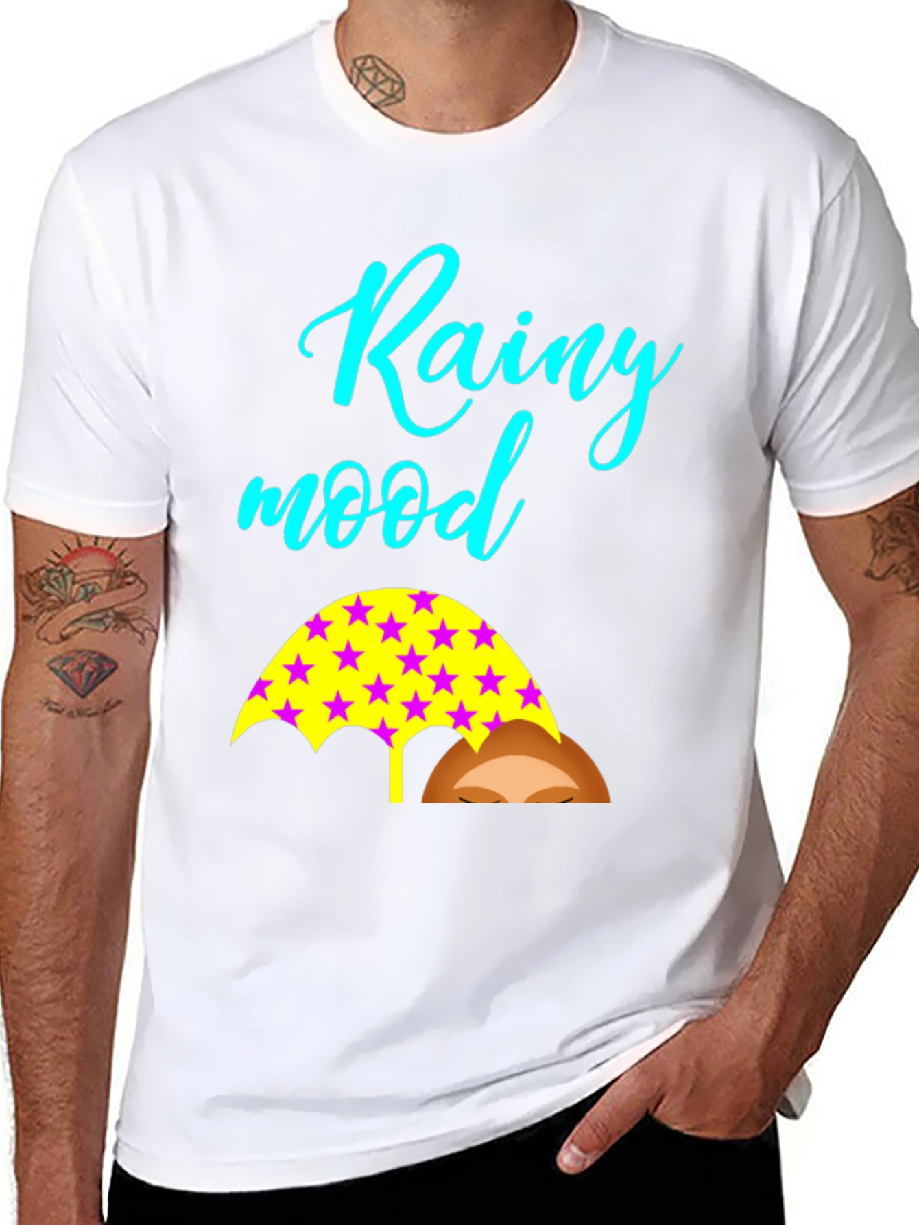 Rainy Mood Black T-Shirt with Umbrella Design