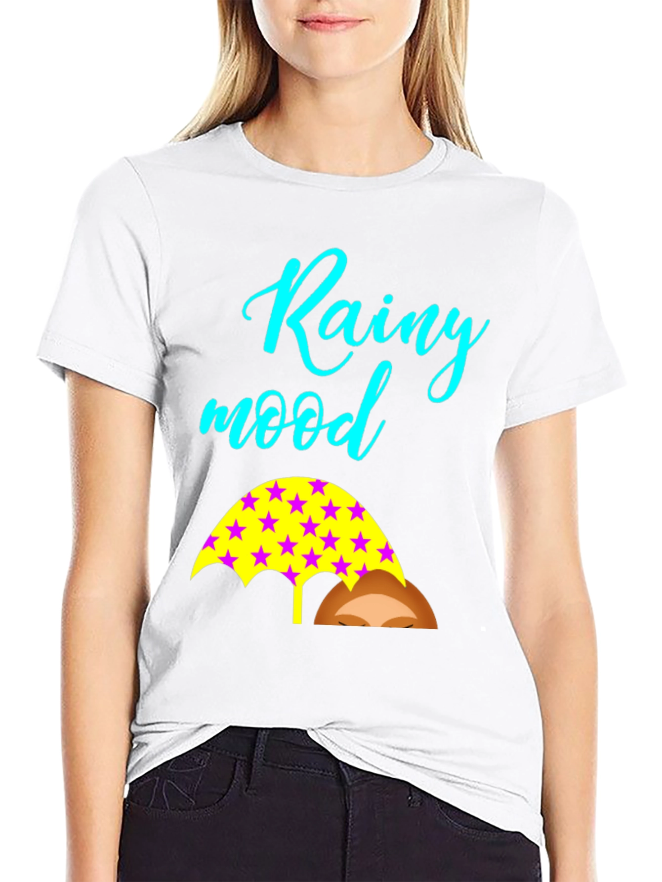 Rainy Mood Black T-Shirt with Umbrella Design