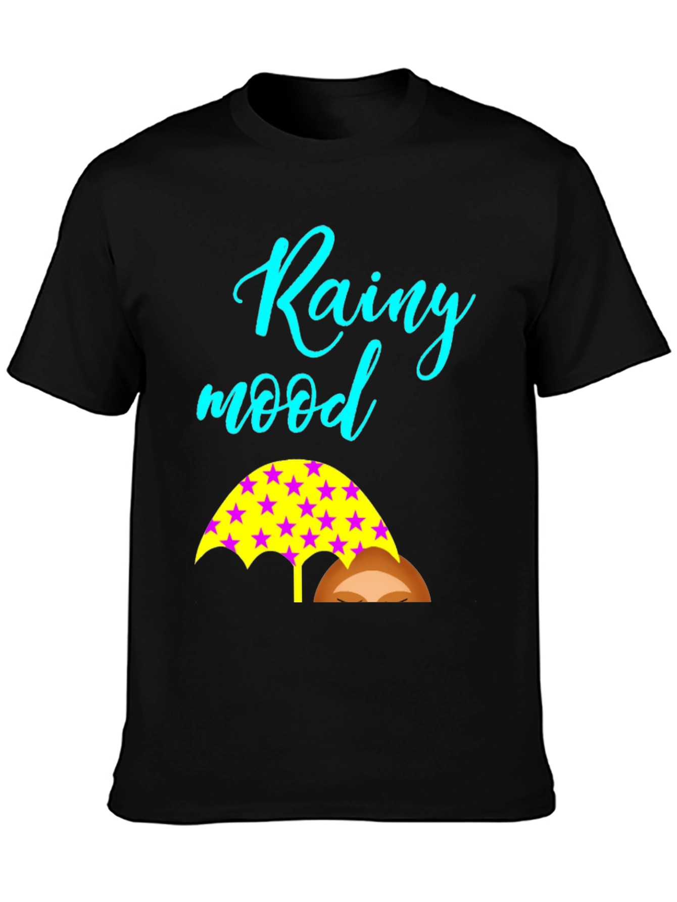 Rainy Mood Black T-Shirt with Umbrella Design