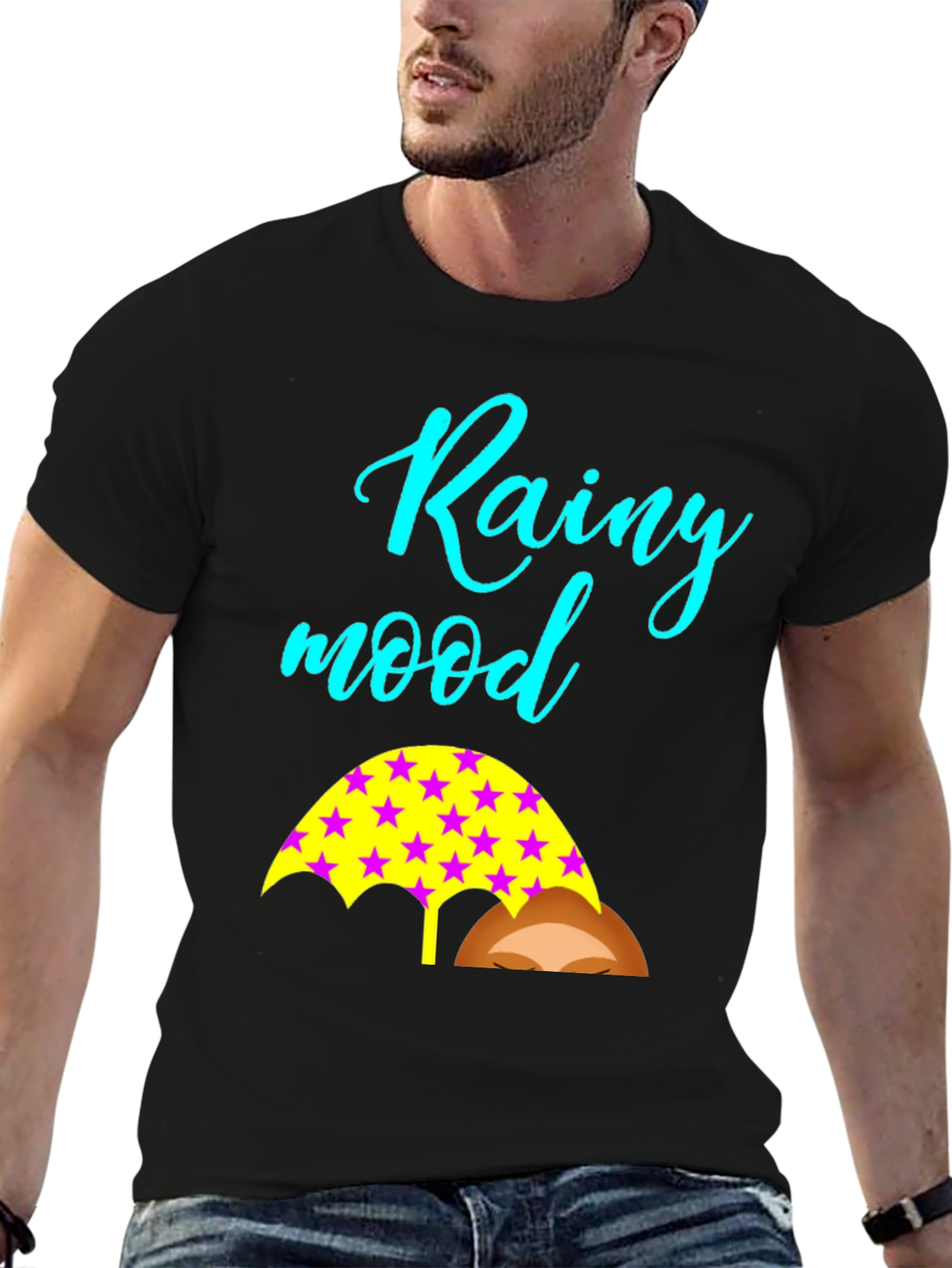 Rainy Mood Black T-Shirt with Umbrella Design
