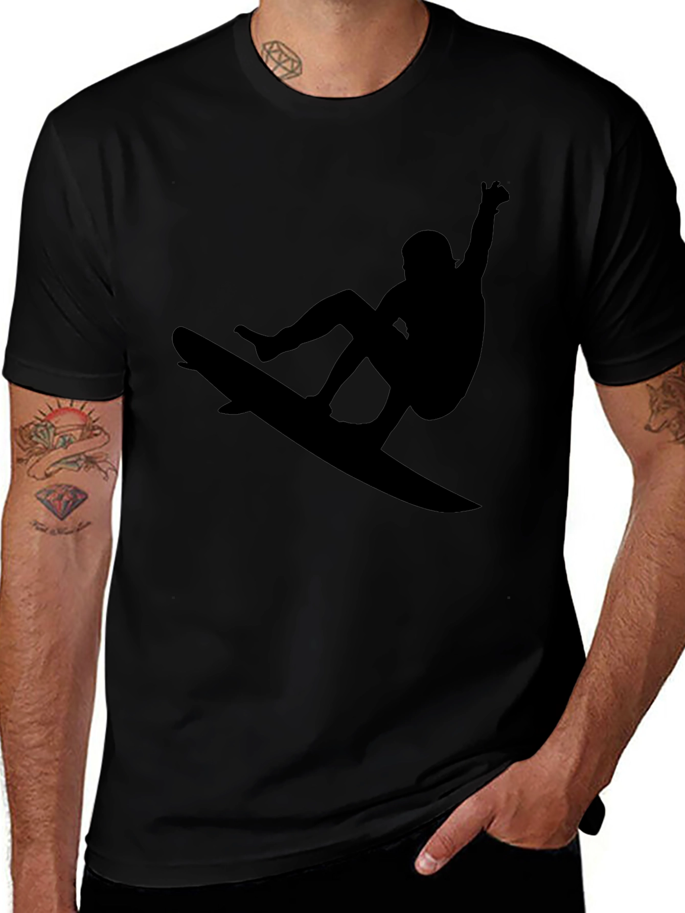 Surfer Silhouette Graphic Tee - Black Casual T-Shirt