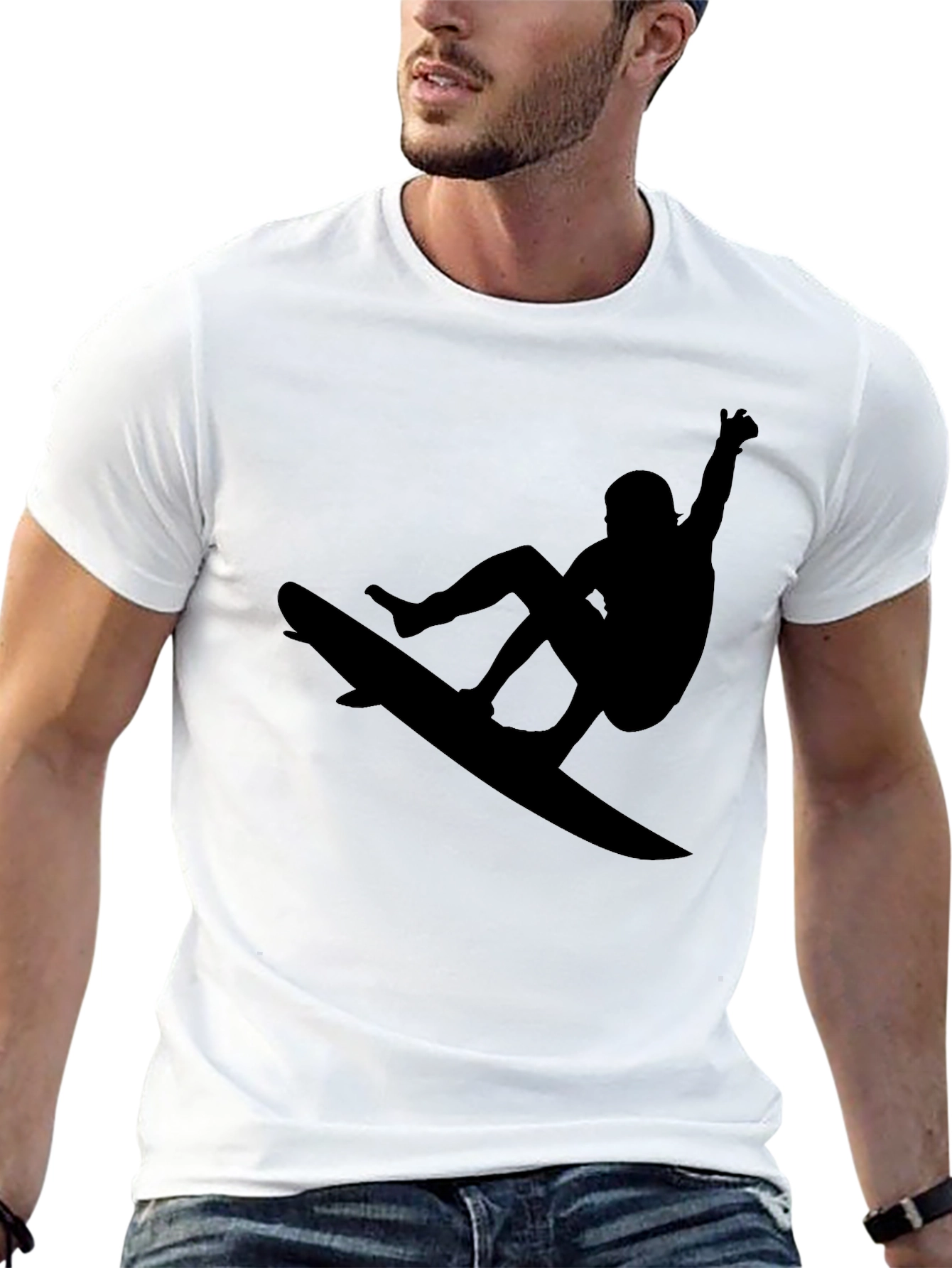 Surfer Silhouette Graphic Tee - Black Casual T-Shirt
