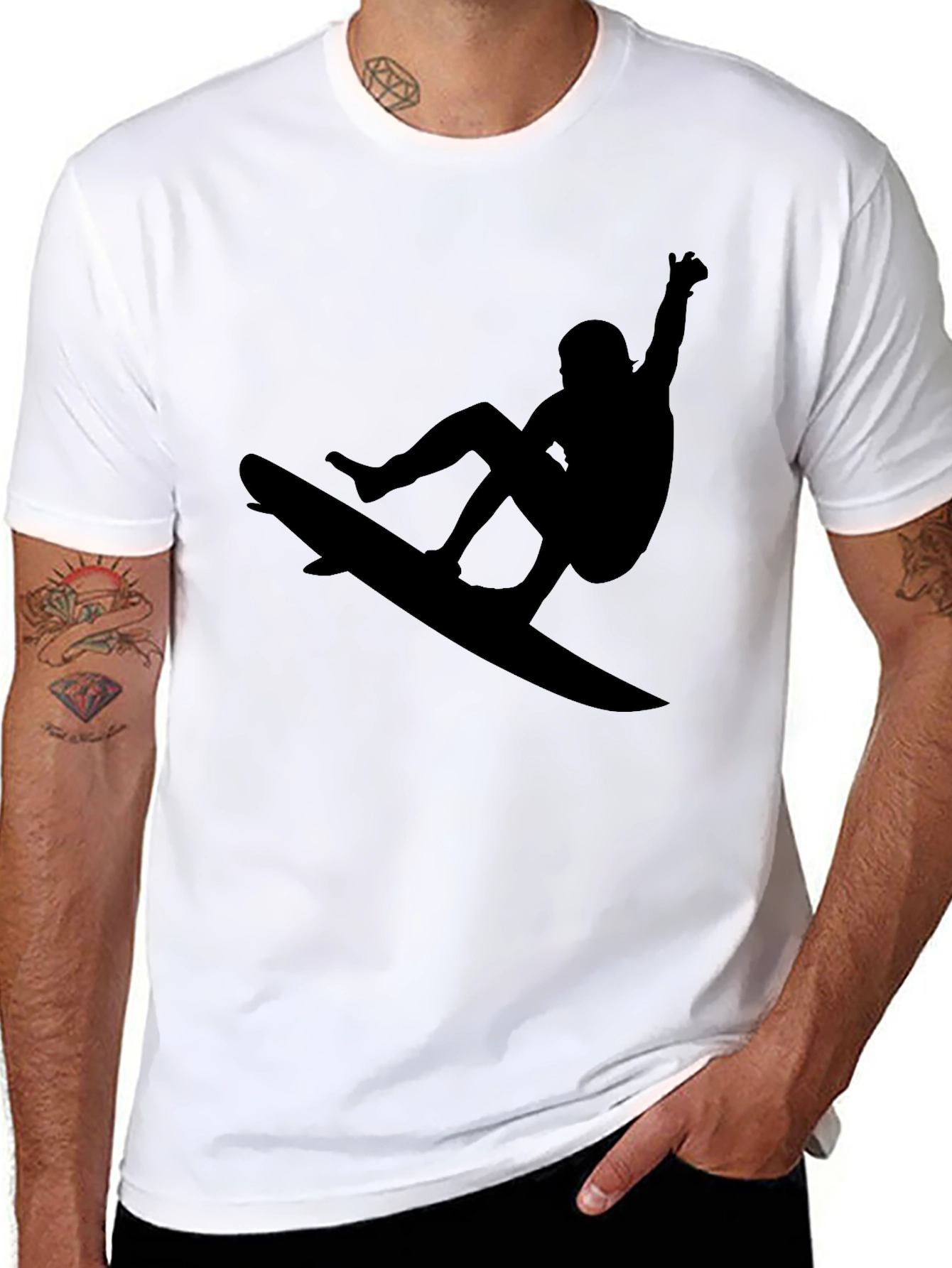 Surfer Silhouette Graphic Tee - Black Casual T-Shirt