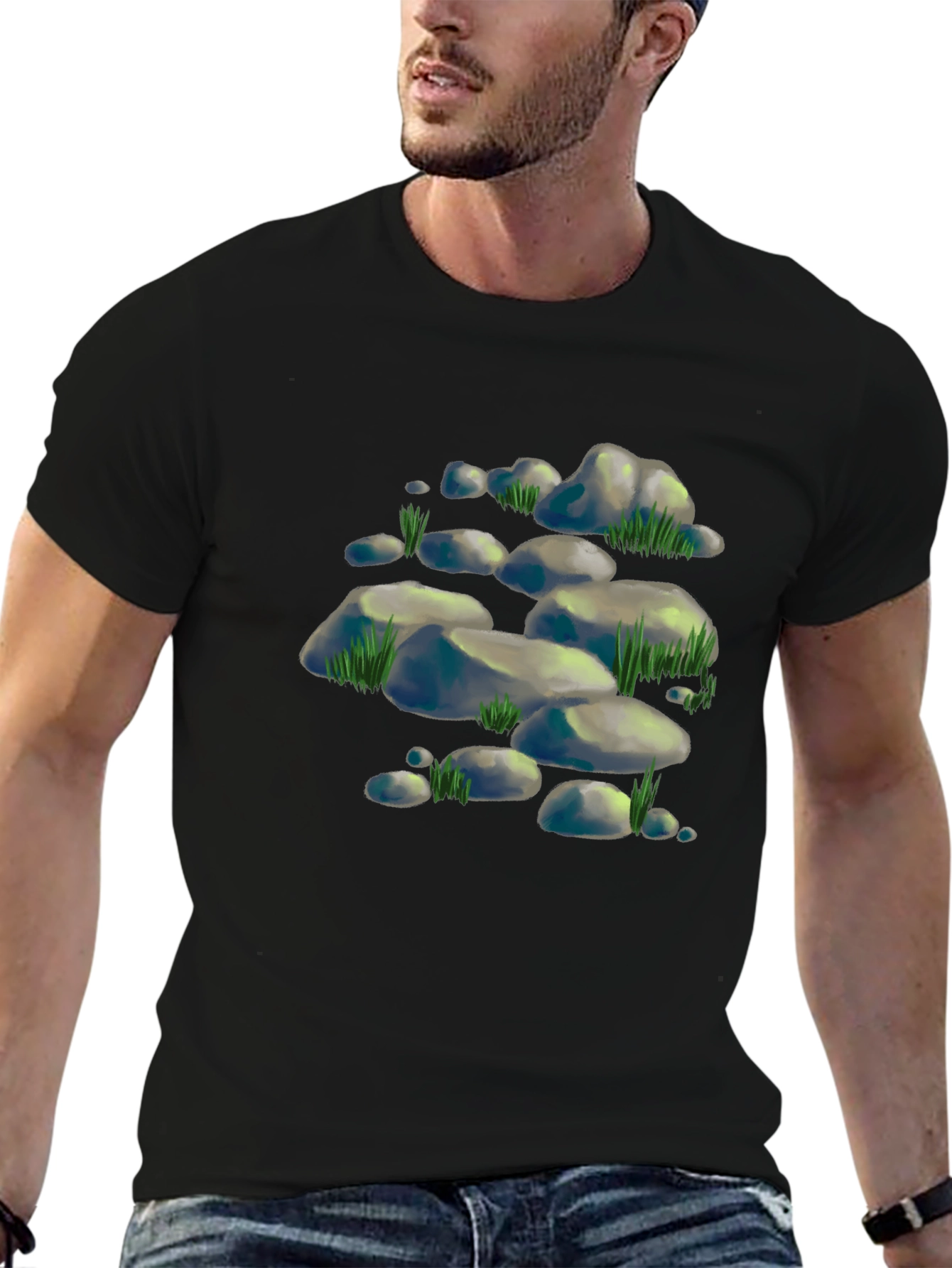 Cool Rock & Grass Graphic Tee - Black