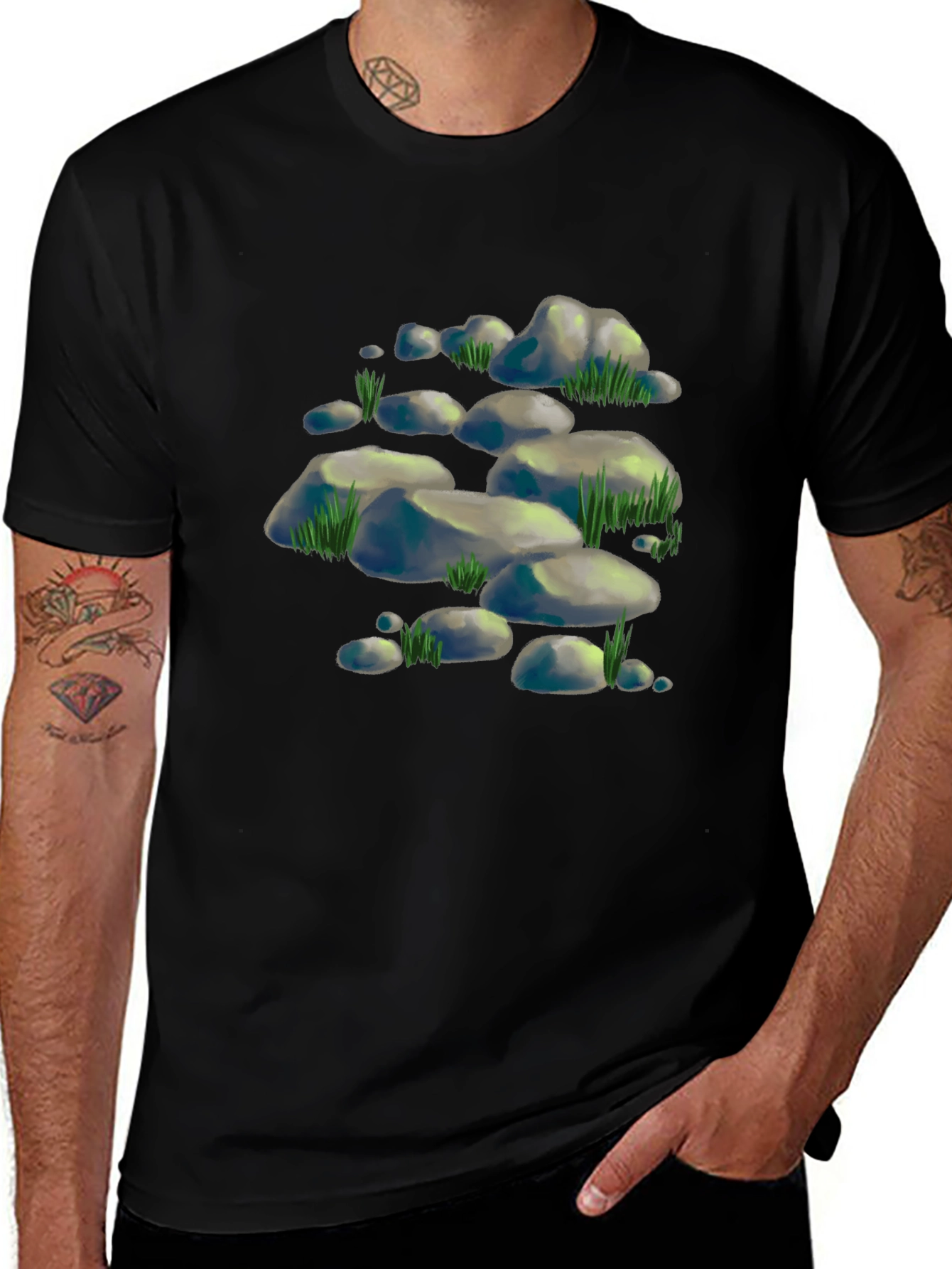 Cool Rock & Grass Graphic Tee - Black