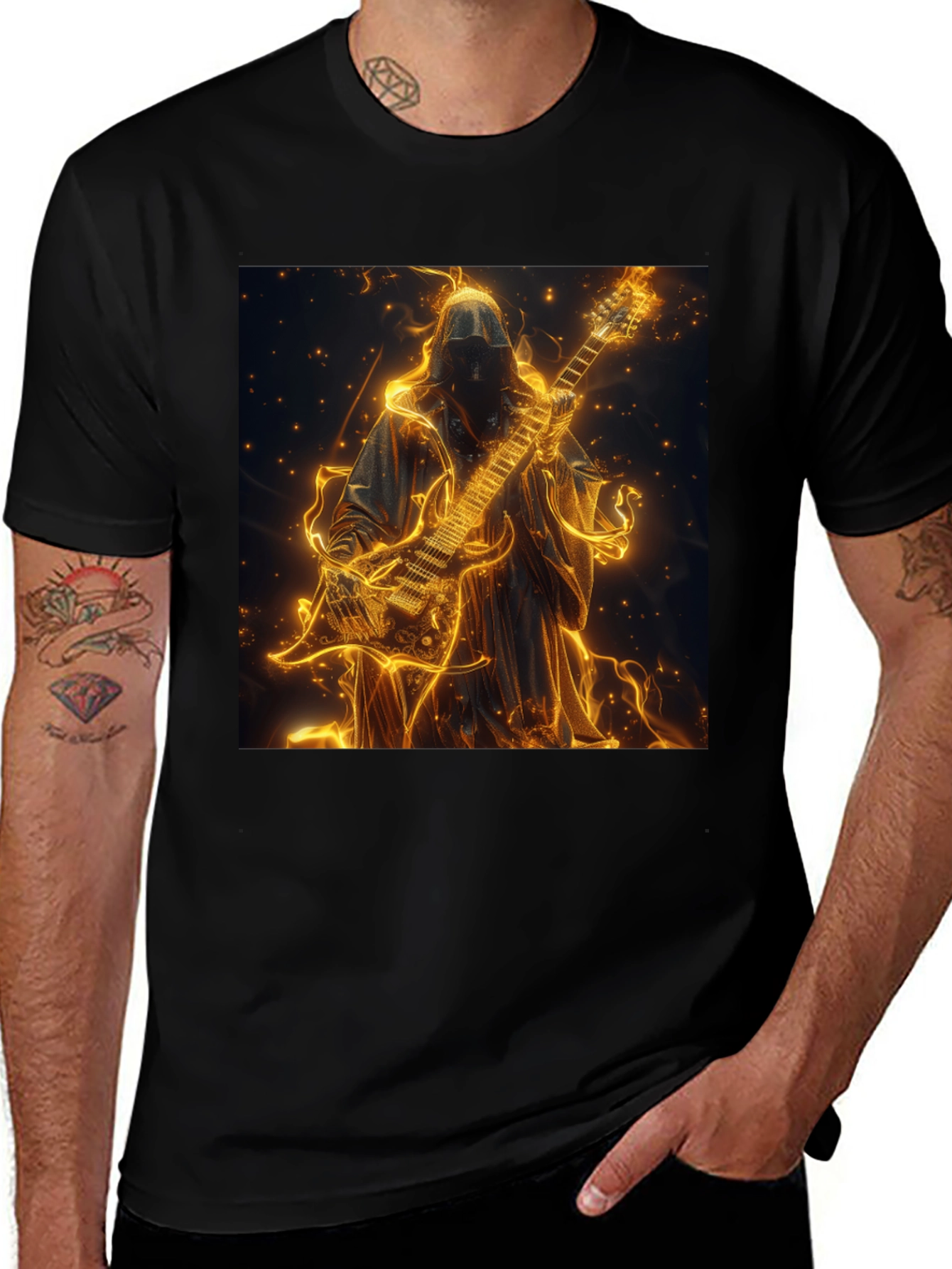 Fiery Guitar Grim Reaper Black T-Shirt