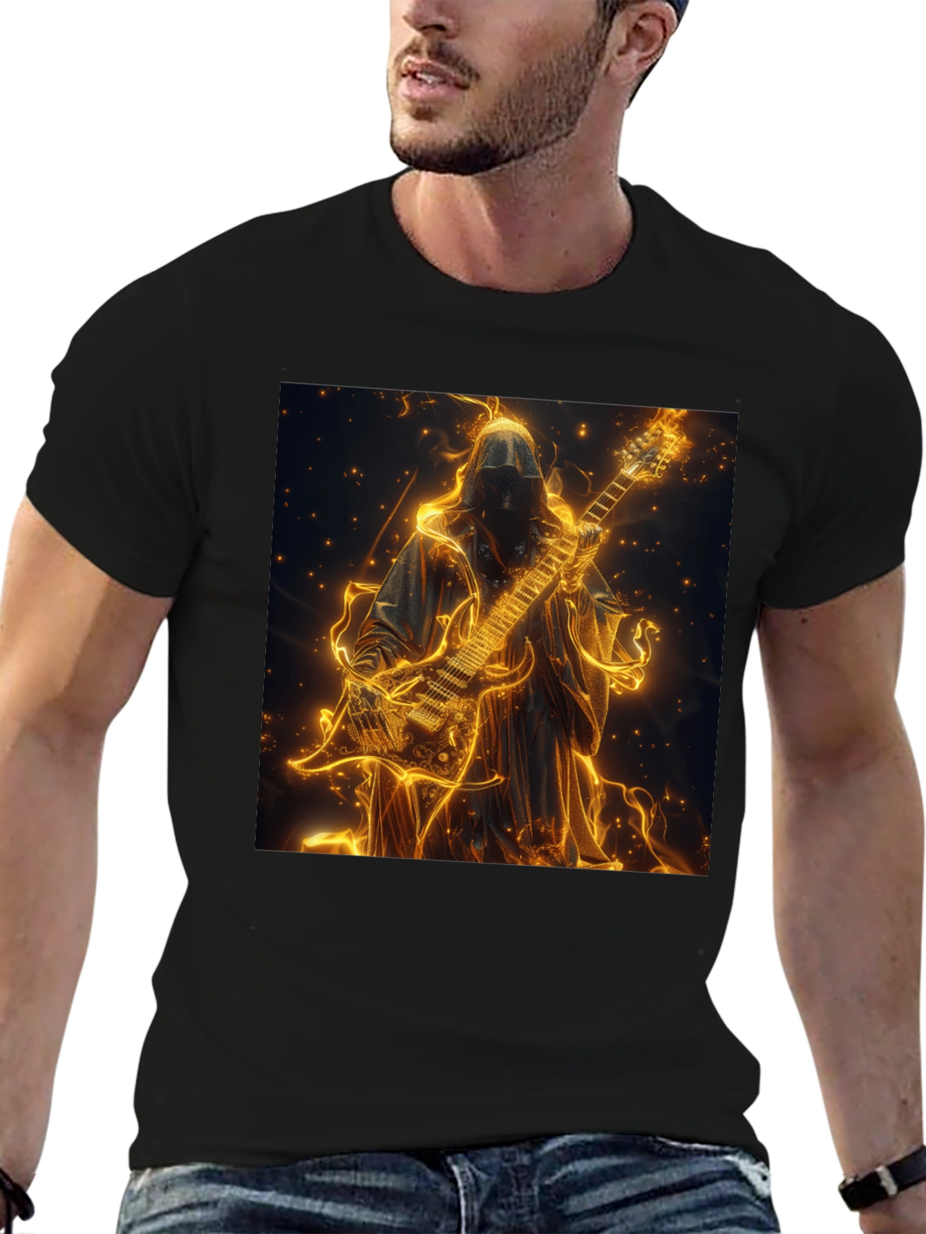 Fiery Guitar Grim Reaper Black T-Shirt
