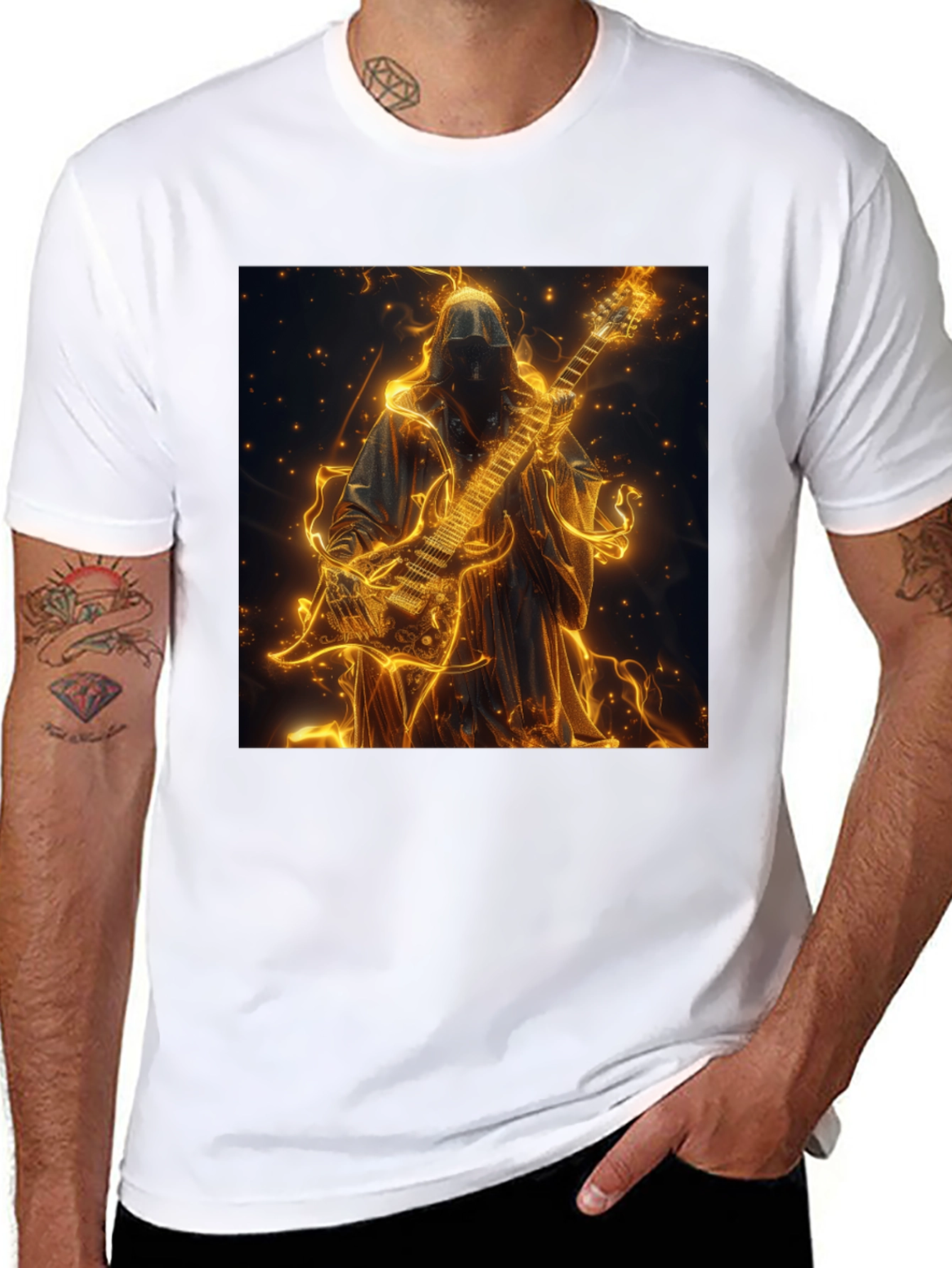 Fiery Guitar Grim Reaper Black T-Shirt