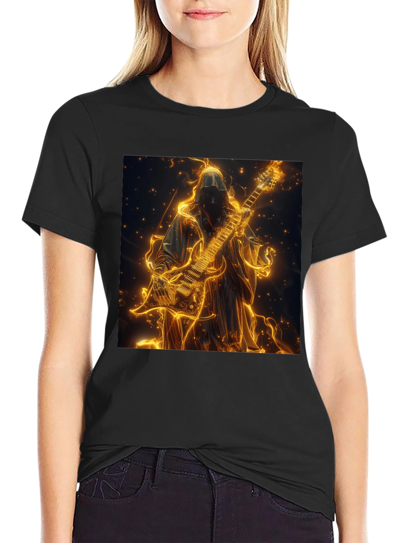 Fiery Guitar Grim Reaper Black T-Shirt
