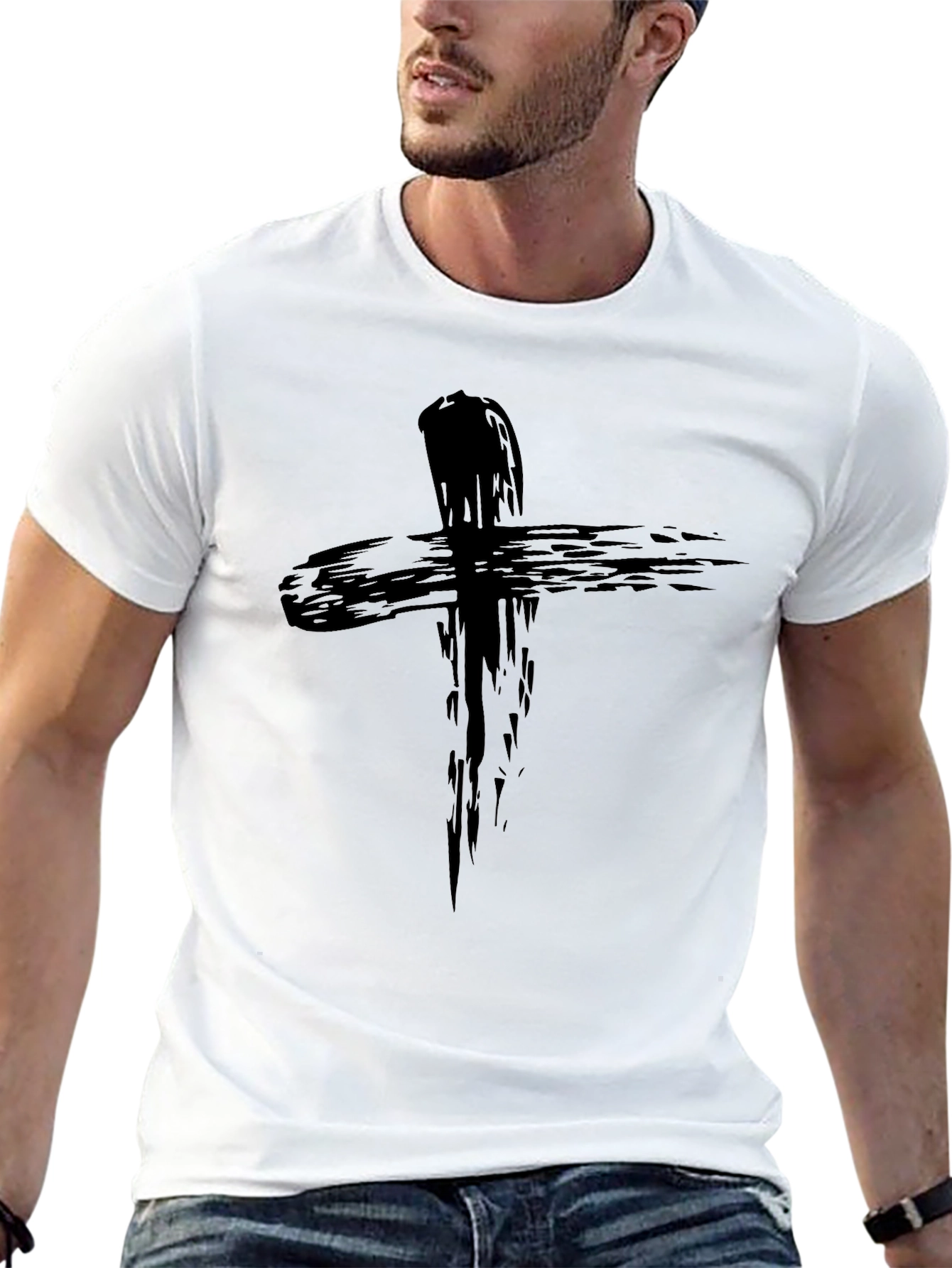Mens Black Cross Graphic T-Shirt - Brushstroke Design