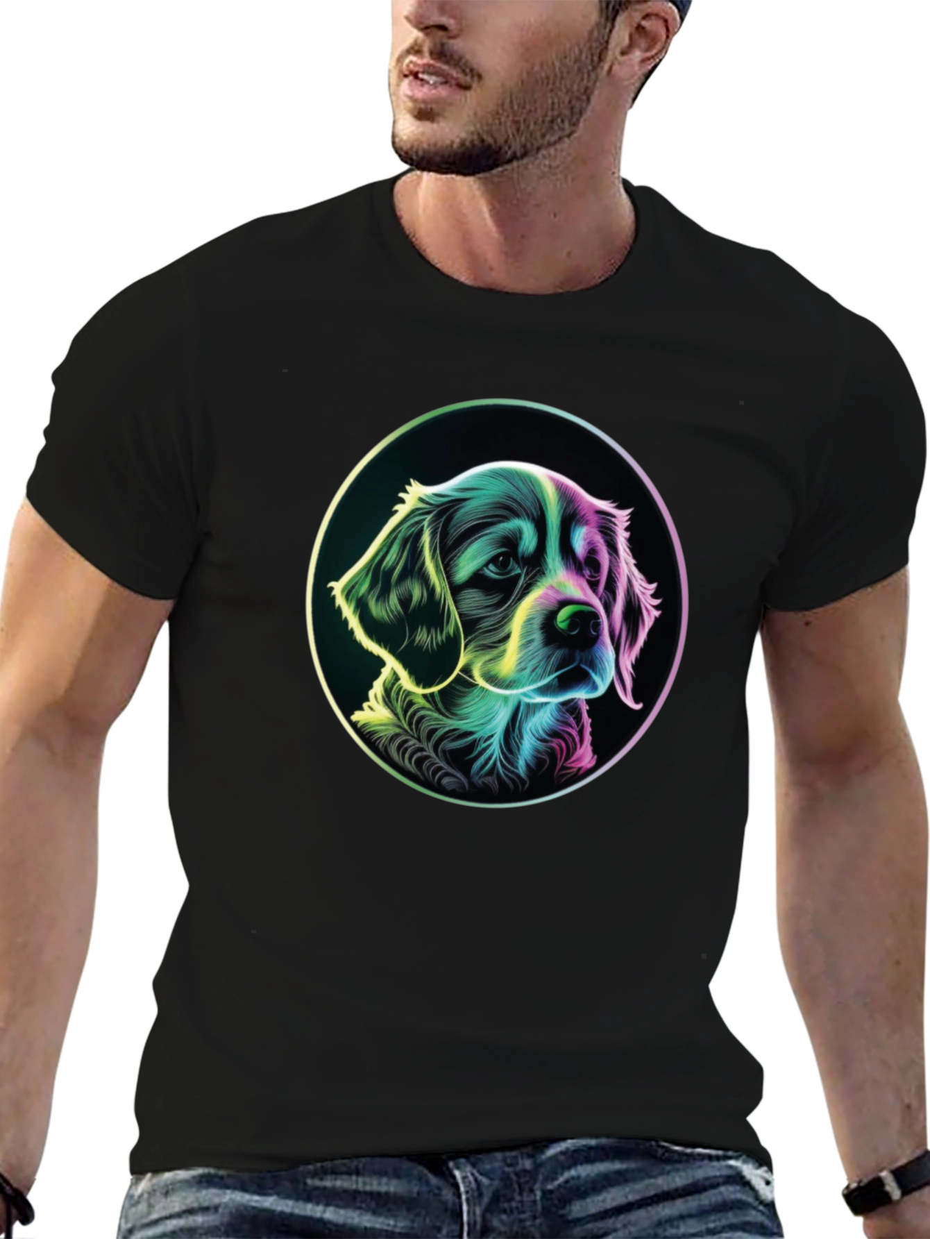 Dog Graphic T-Shirt - Mens Black Crew Neck Tee