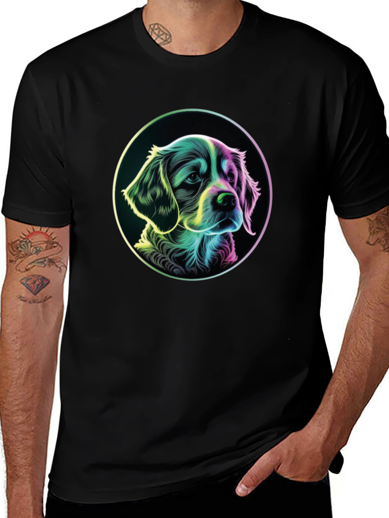 Dog Graphic T-Shirt - Mens Black Crew Neck Tee