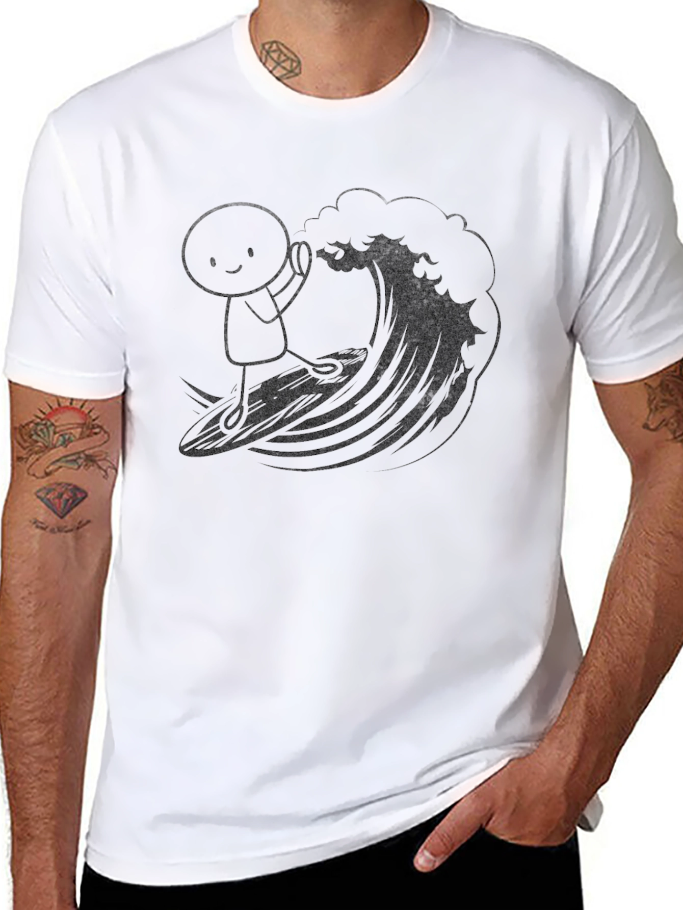 Surfing Cartoon Graphic Tee - Black