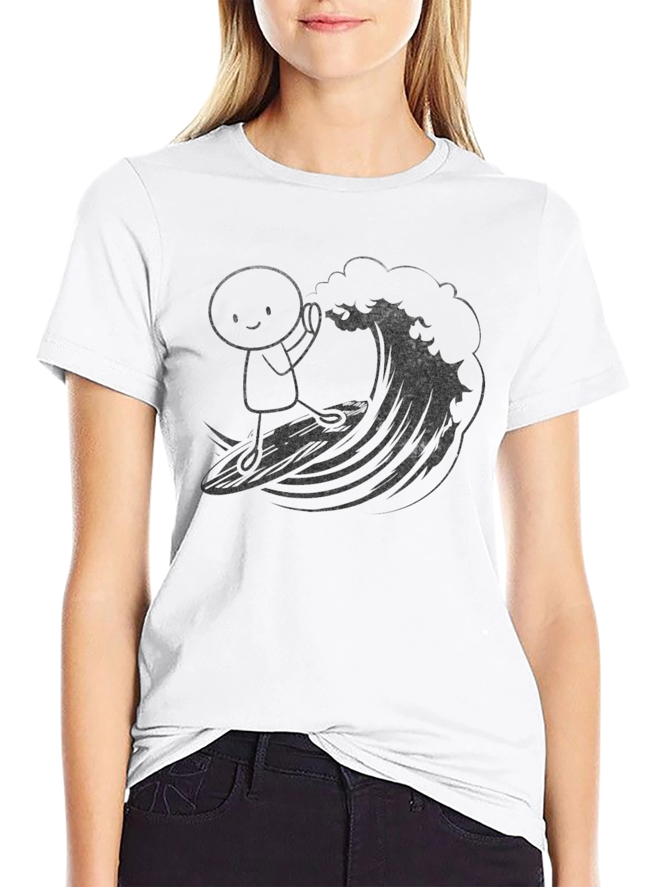 Surfing Cartoon Graphic Tee - Black