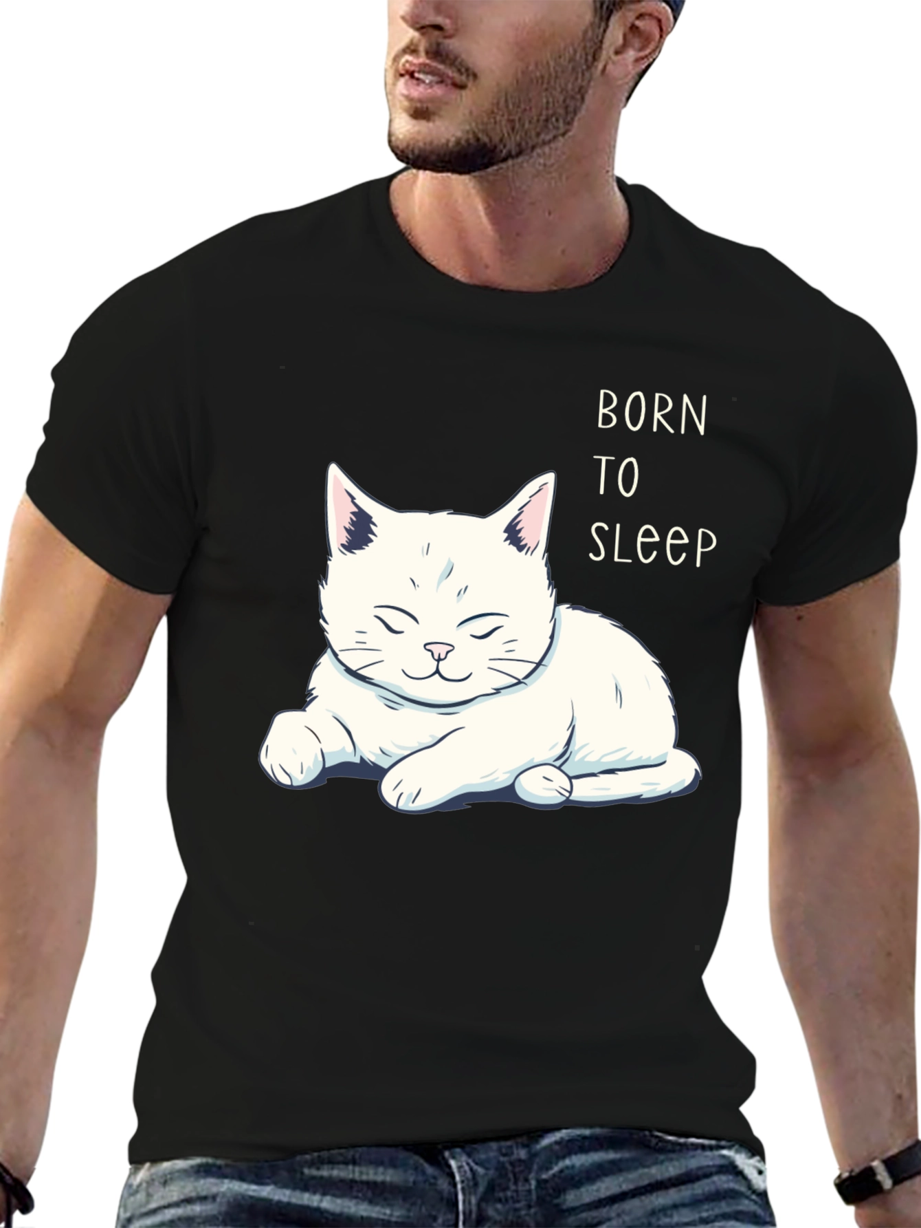 Born to Sleep Cat Graphic T-Shirt - Black