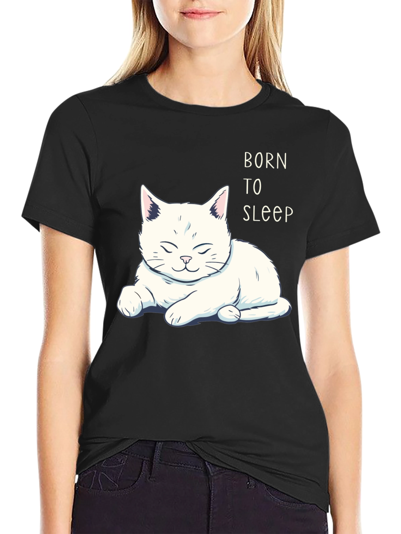 Born to Sleep Cat Graphic T-Shirt - Black